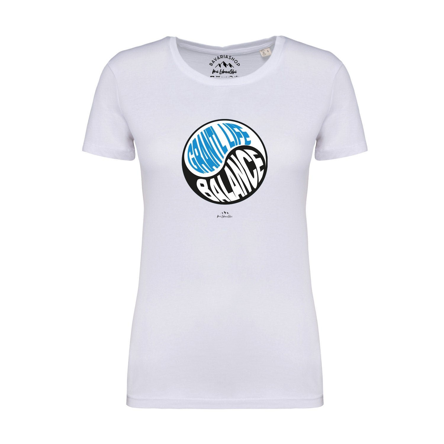 Weißes Damen-T-Shirt mit schwarzem Frontprint "Grantl life balance", Rundhalsausschnitt, Bio-Baumwolle, 180 g/qm.