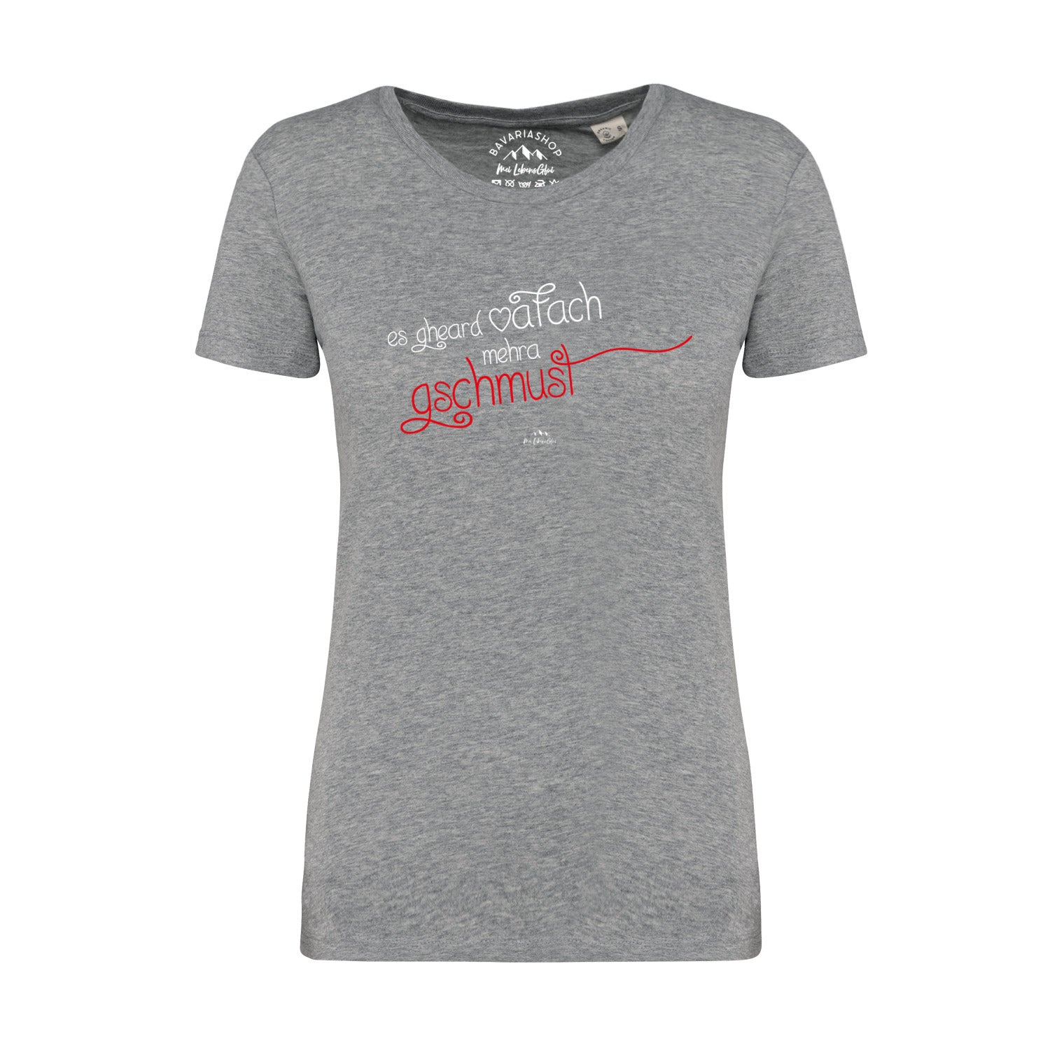 Graues Damen-T-Shirt mit schwarzem „Gschmust“-Schriftzug, Rundhalsausschnitt, 100 % Bio-Baumwolle, gerade Form.