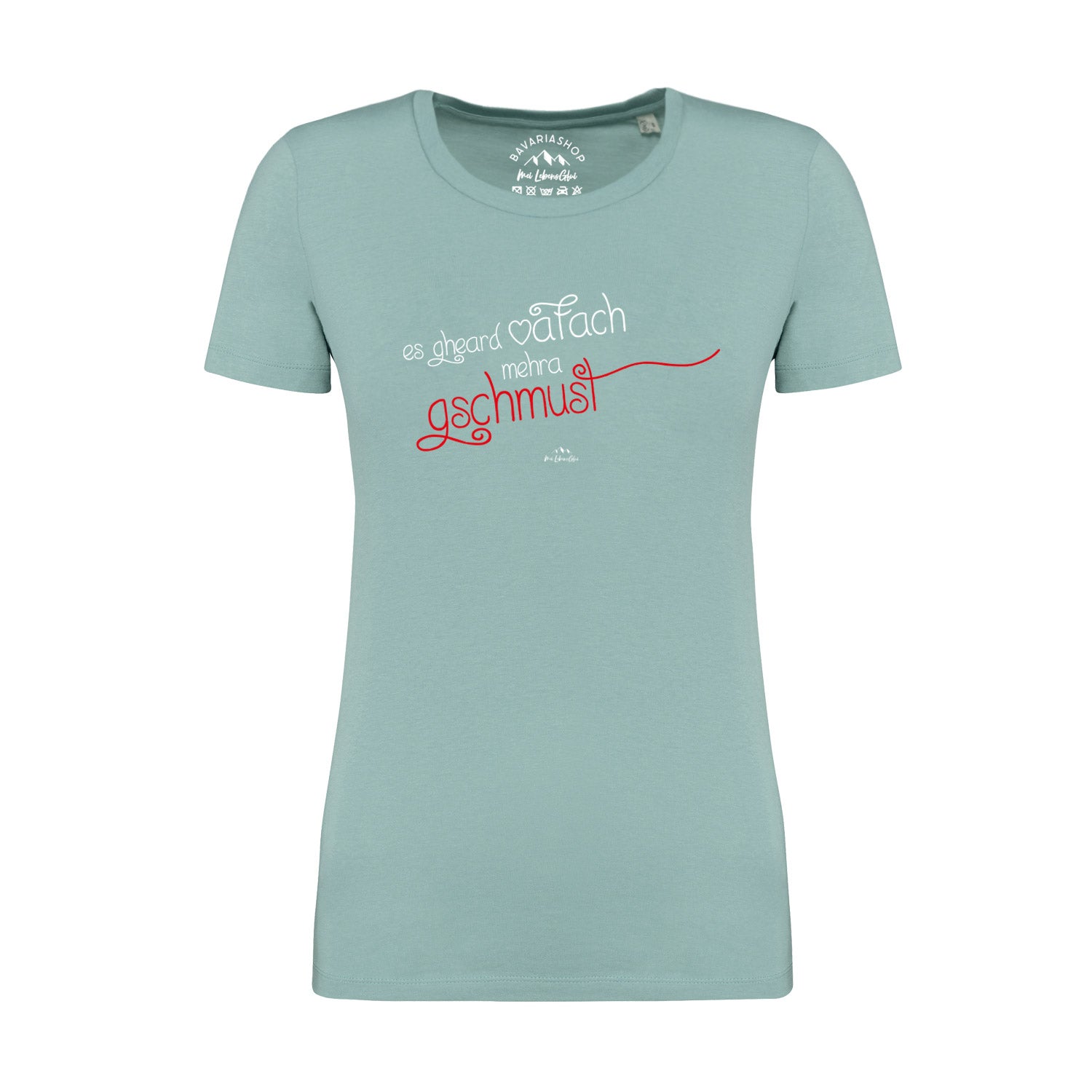Pastellgrünes Damen T-Shirt mit weißem „Gschmust“-Schriftzug, Rundhalsausschnitt, aus 100 % Bio-Baumwolle.