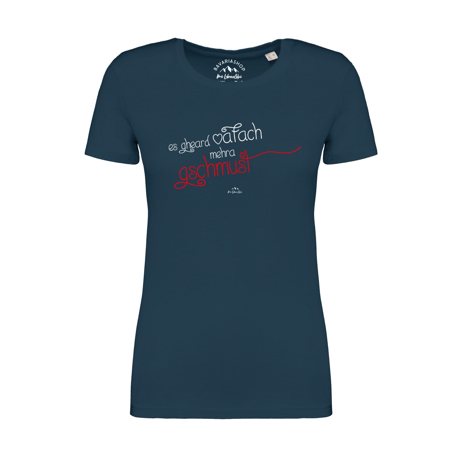 Pfauenblaues Damen-T-Shirt mit weißem „Gschmust“-Schriftzug, gerade Passform, aus 100 % Bio-Baumwolle.