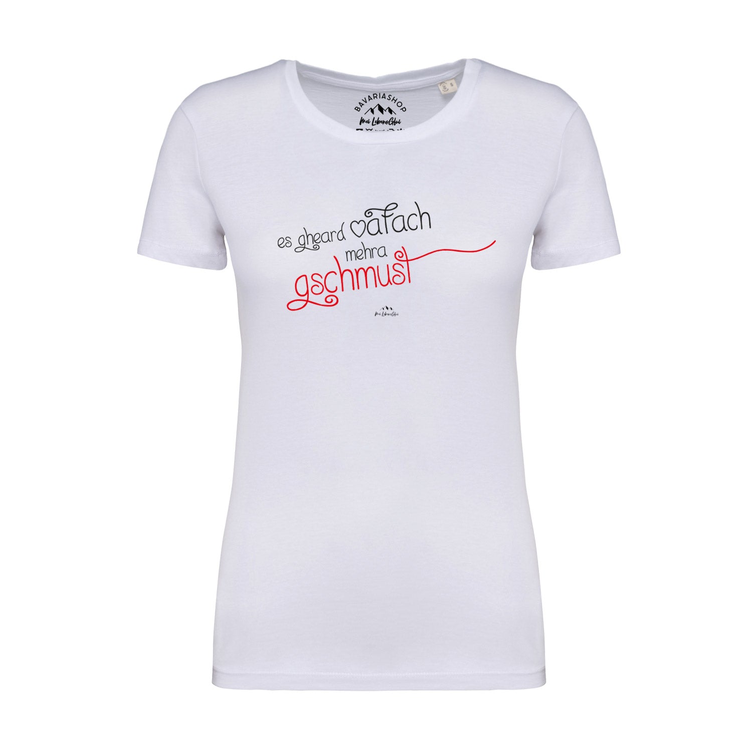 Weißes Damen-T-Shirt mit schwarzem Schriftzug „Gschmust“ in Handschriftoptik, aus 100 % Bio-Baumwolle.
