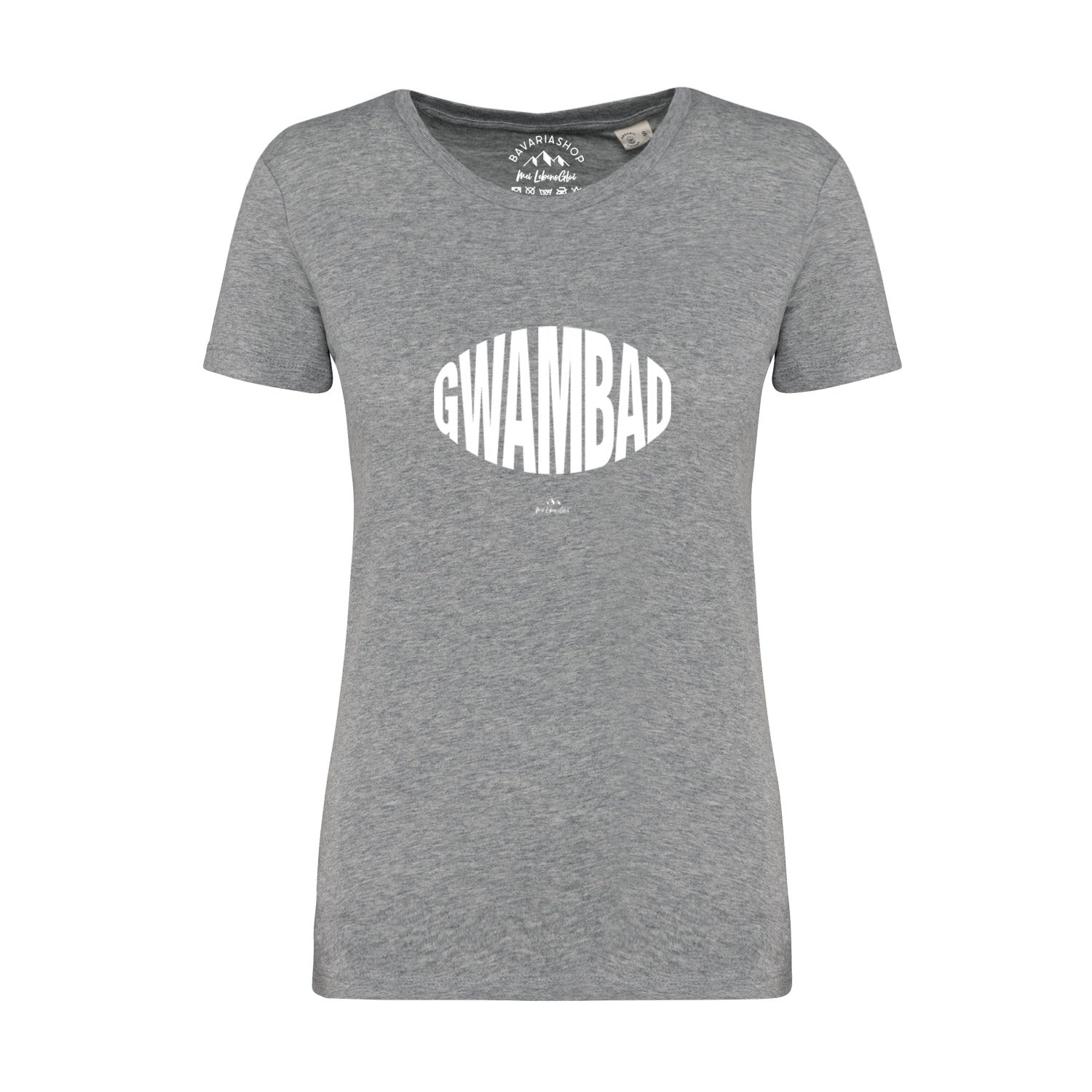 Graumeliertes Damen-T-Shirt mit weißem „Gwambad“-Schriftzug in bayerischer Mundart, aus 100 % Bio-Baumwolle.