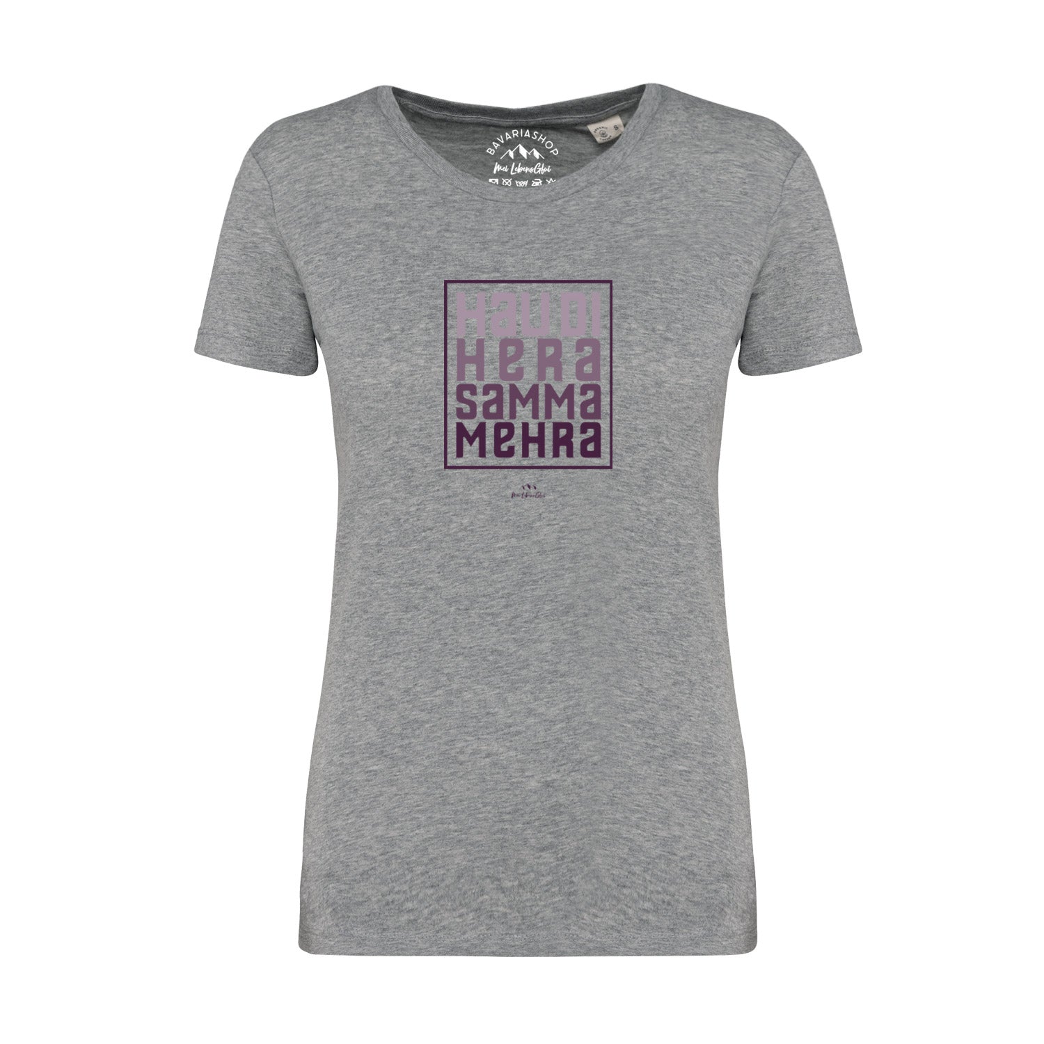Graumeliertes Damen-T-Shirt mit weißem Schriftzug „Hau di hera“ aus 100 % Bio-Baumwolle, klassischer Schnitt.