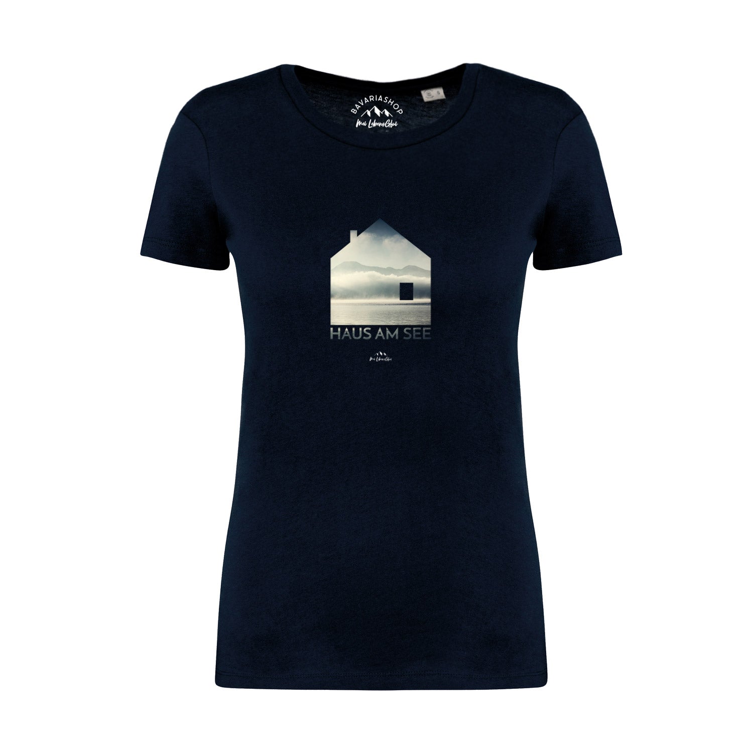 Dunkelblaues Damen-T-Shirt mit weißem „Haus am See“-Motiv und Schriftzug, aus 100 % Bio-Baumwolle.