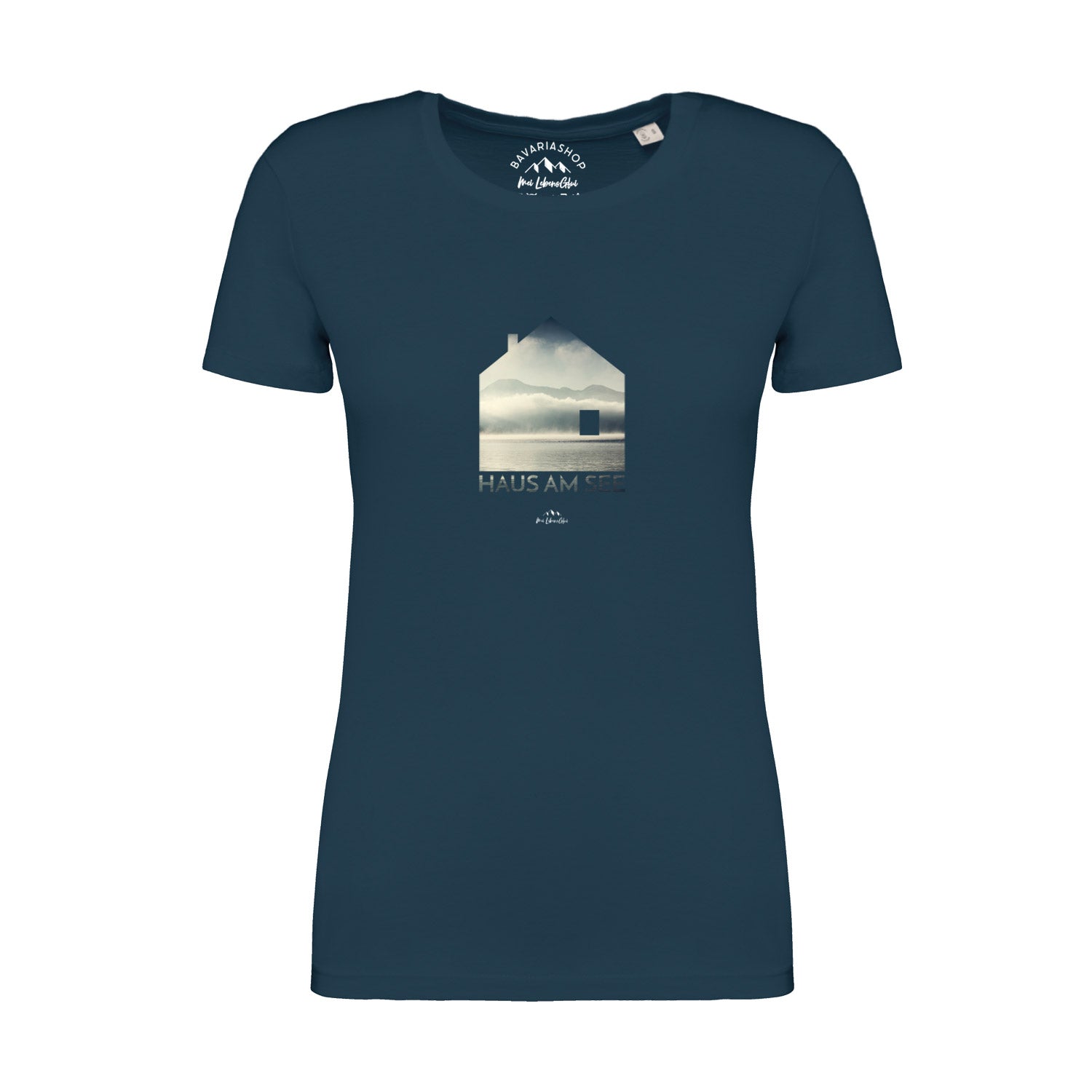 Pfauenblaues Damen-T-Shirt mit weißem „Haus am See“-Schriftzug, Rundhals, aus 100 % Bio-Baumwolle.
