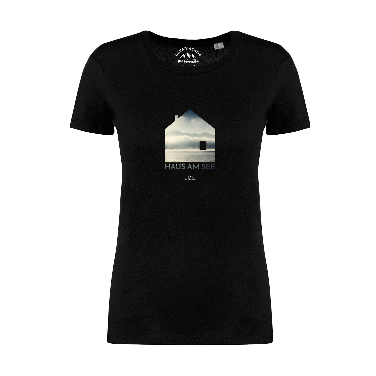 Schwarzes Damen-T-Shirt mit weißem „Haus am See“-Schriftzug, Rundhalsausschnitt, 100 % Bio-Baumwolle, kurzer Schnitt.