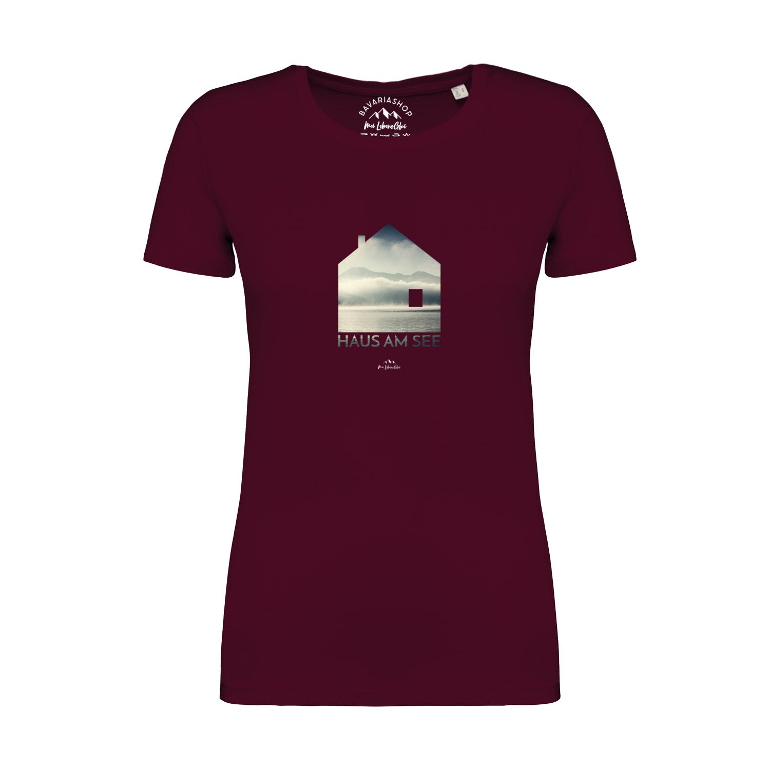 Weinrotes Damen T-Shirt mit weißem Frontprint "Haus am See", Rundhalsausschnitt, aus 100 % Bio-Baumwolle.