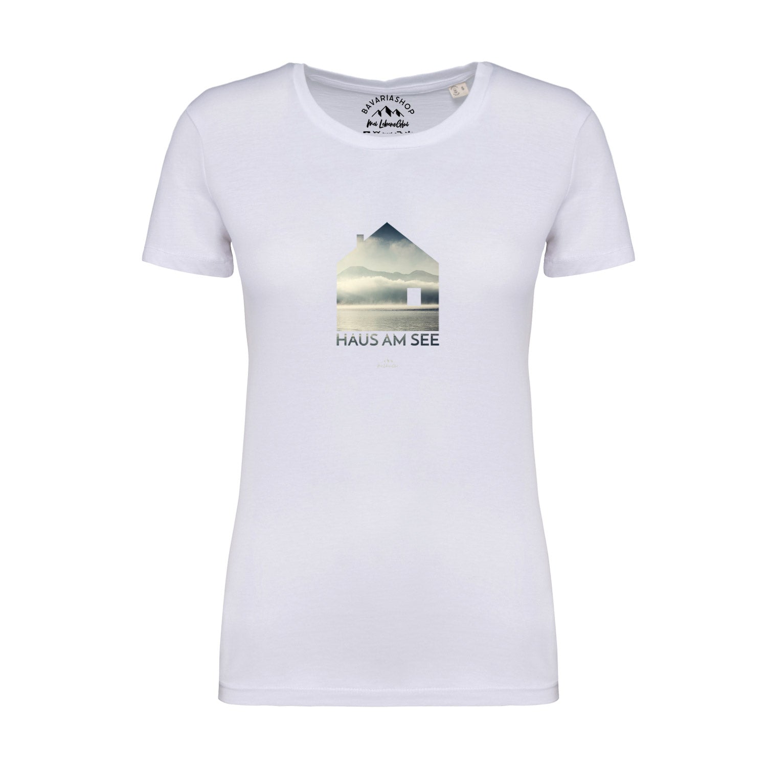 Weißes Damen T-Shirt mit schwarzem Aufdruck „Haus am See“, Rundhalsausschnitt, aus 100 % Bio-Baumwolle.