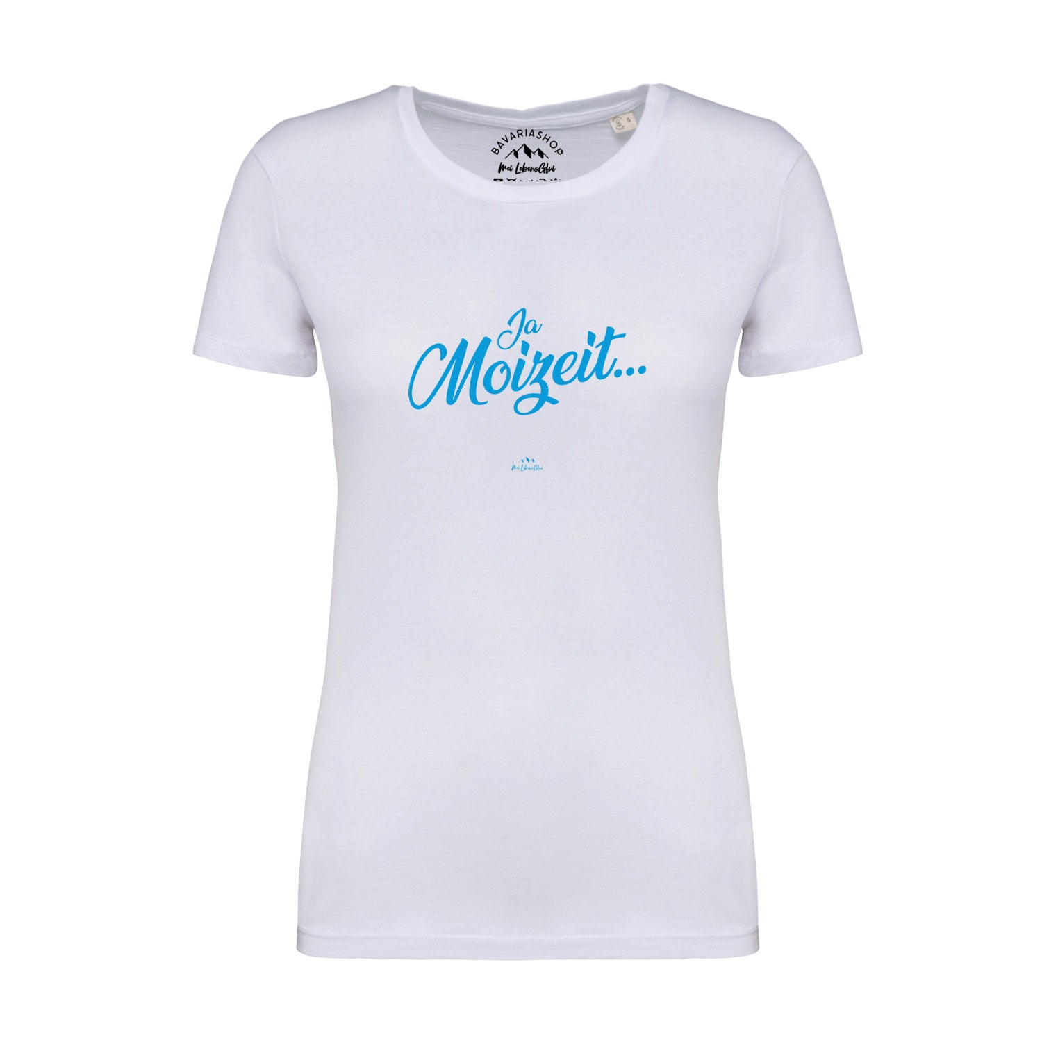 Weißes Damen-T-Shirt mit schwarzem Schriftzug „Ja Moizeit“, kurzärmelig, Bio-Baumwolle, klassischer Schnitt.