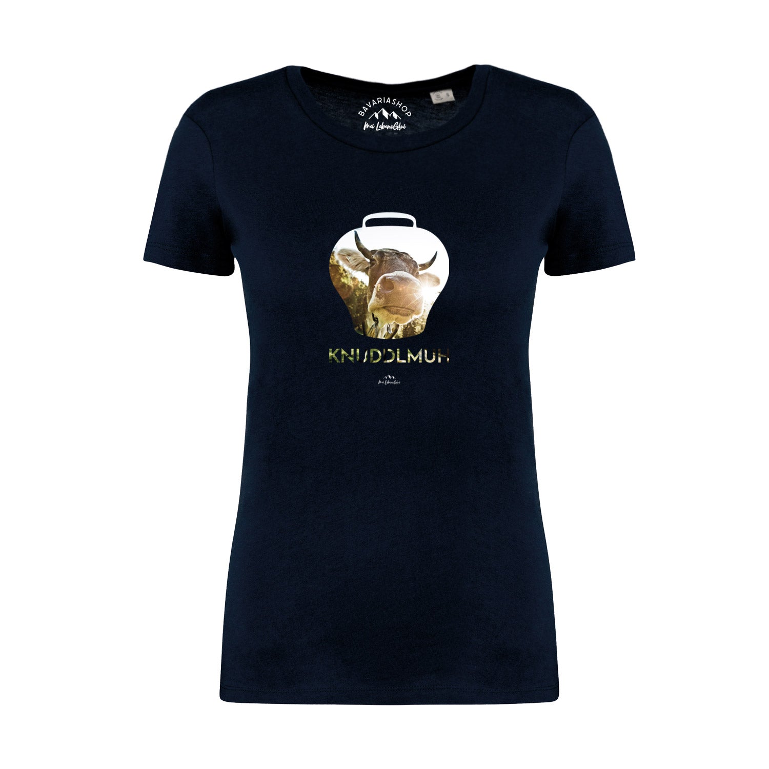 Dunkelblaues Damen-T-Shirt mit weißem Kuh-Motiv und Schriftzug „Knuddlmuh“, aus 100 % Bio-Baumwolle.
