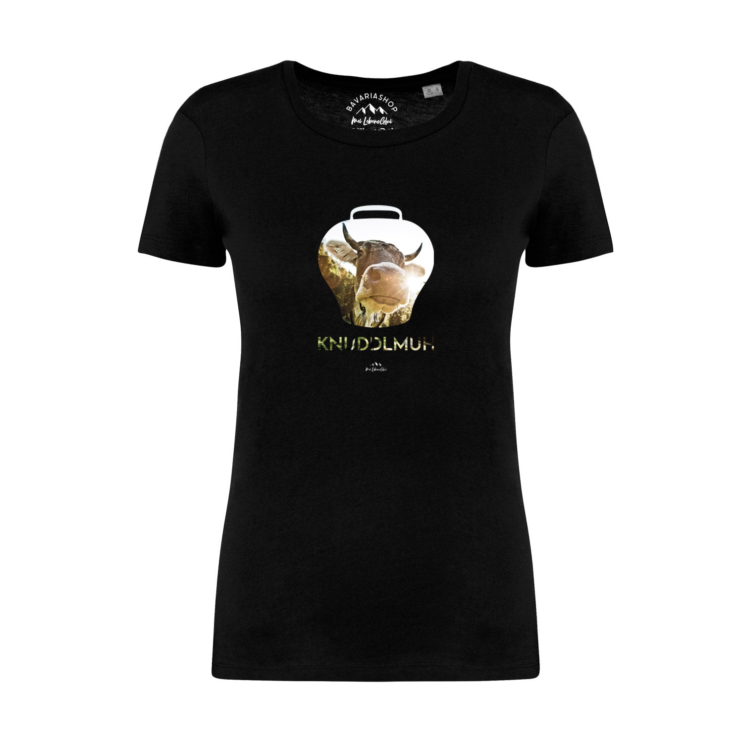 Schwarzes Damen-T-Shirt mit weißem Kuh-Motiv und „Knuddlmuh“-Schriftzug aus 100 % Bio-Baumwolle.