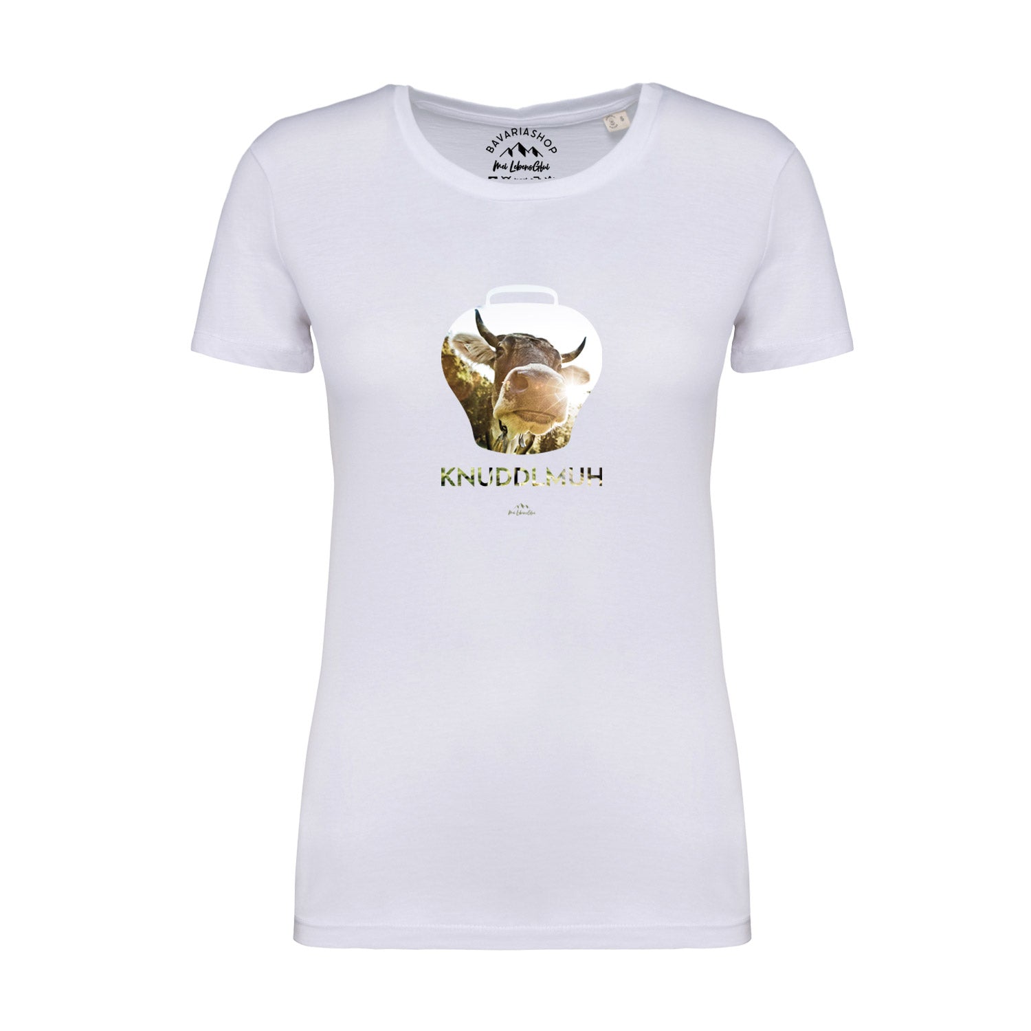 Weißes Damen-T-Shirt mit schwarzem Knuddlmuh-Schriftzug und Kuh-Motiv, aus 100 % Bio-Baumwolle, Rundhals.