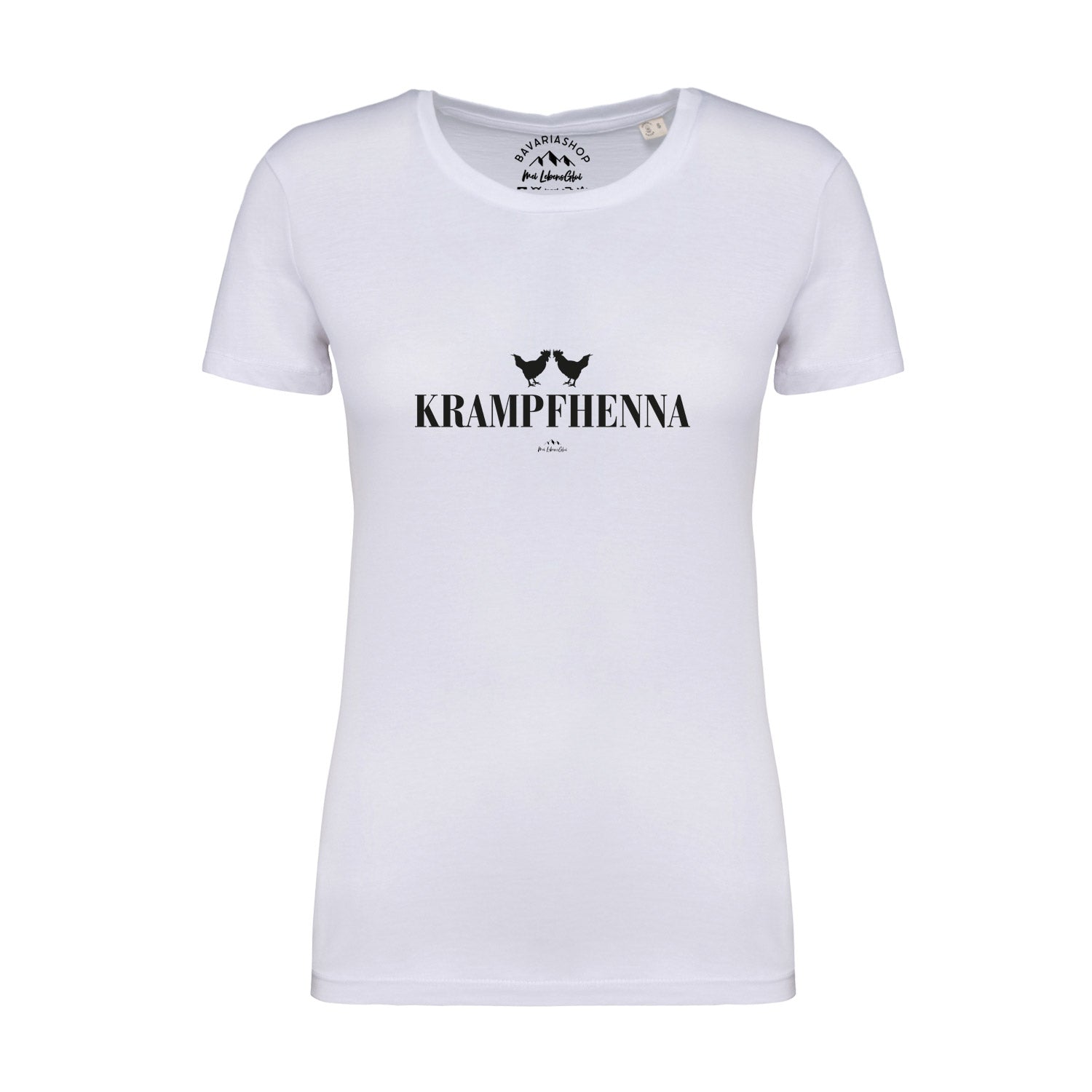 Weißes Damen-T-Shirt mit bayerischem Schriftzug „Krampfhenna“, taillierter Schnitt, 100 % Bio-Baumwolle, Digitaldruck.