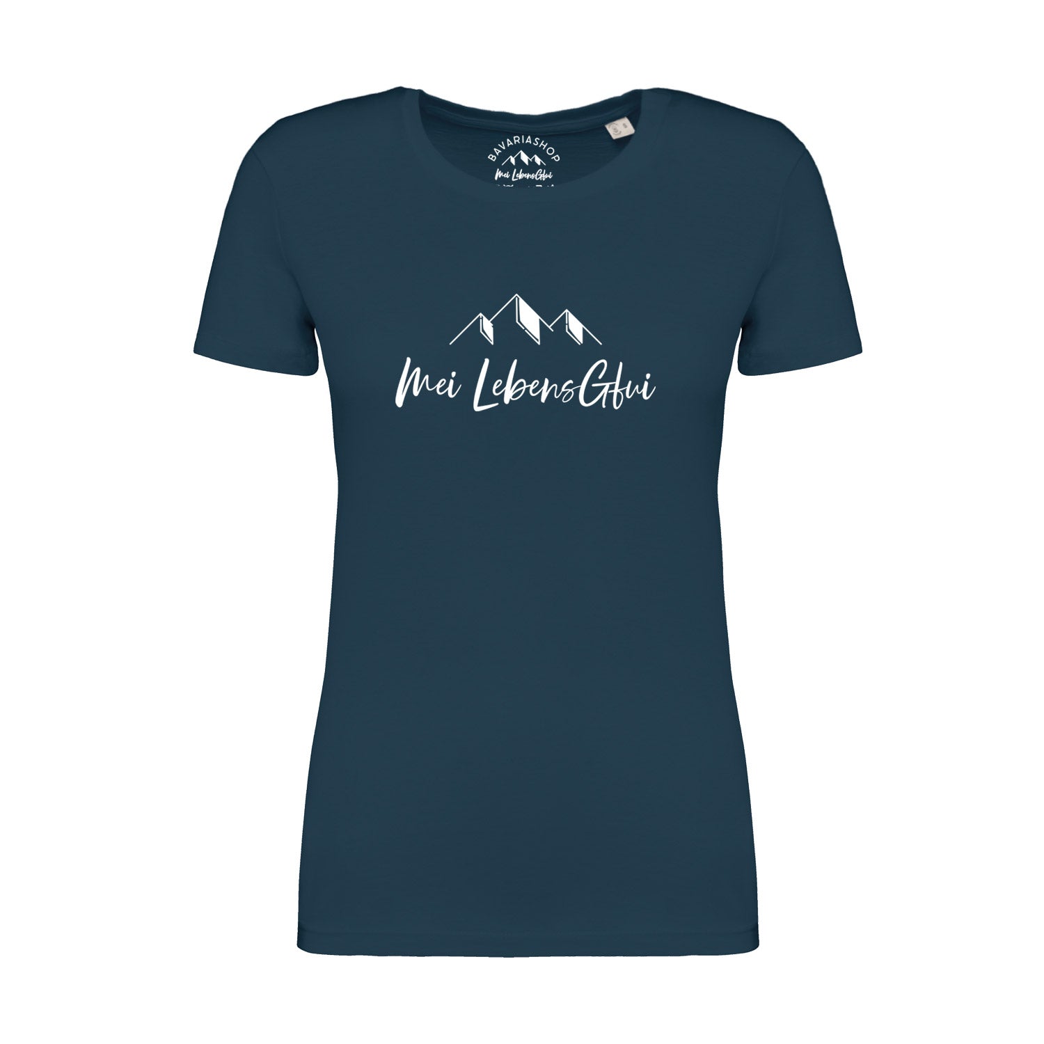 Damen T-Shirt mit weißem Schriftzug „Mei LebensGfui“ auf der Vorderseite, aus 100 % Bio-Baumwolle in Pfauenblau.
