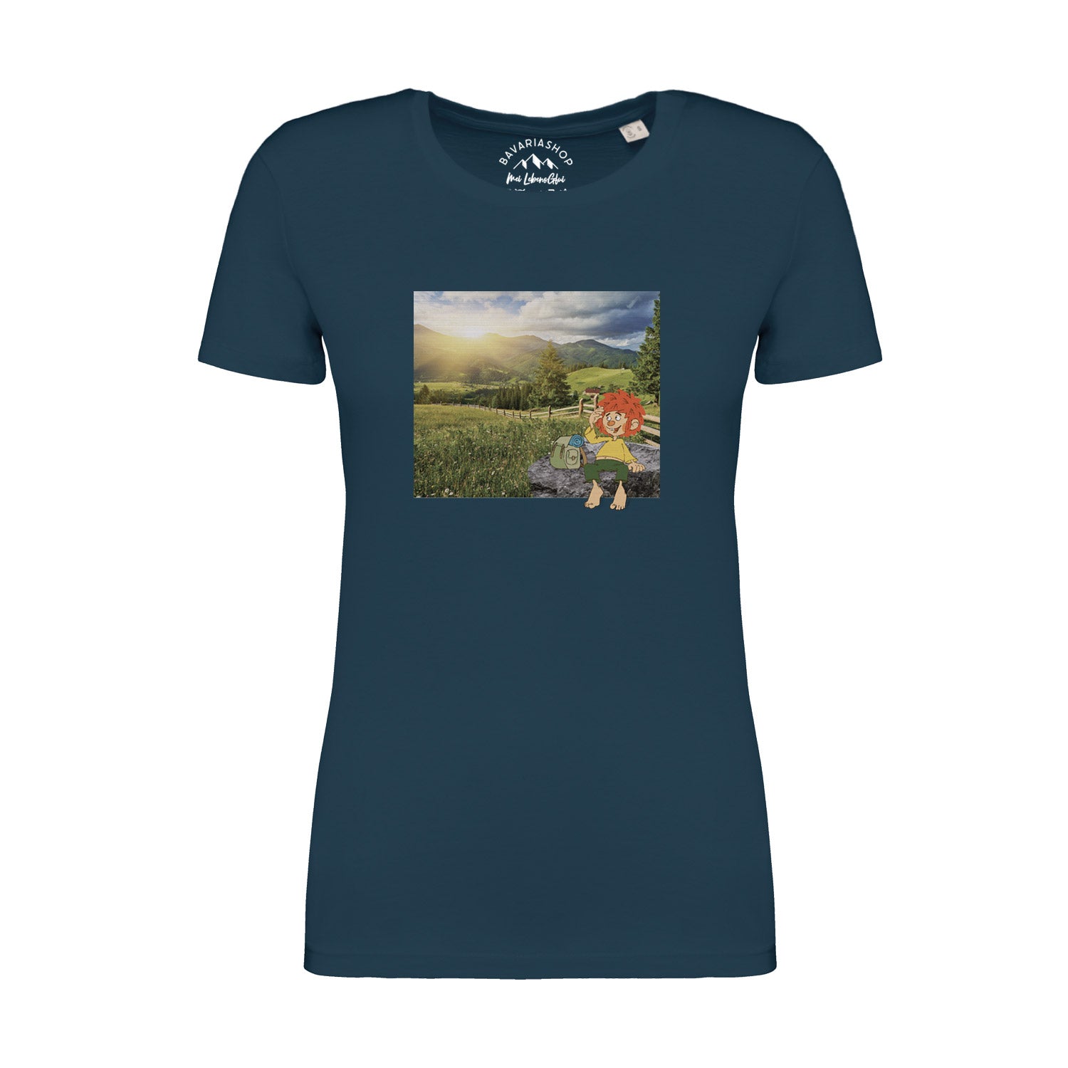 Damen T-Shirt mit Pumuckl-Motiv in Retro-Optik, kurzärmelig, aus 100 % Bio-Baumwolle, Pfauenblau.