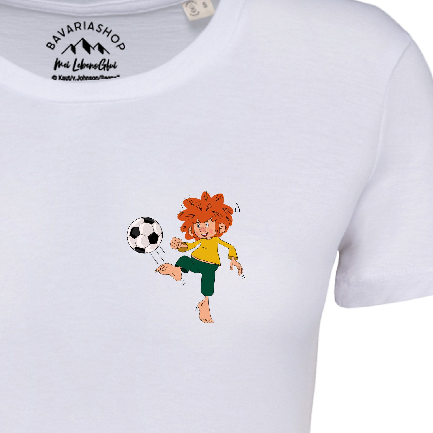 Damen-T-Shirt mit Pumuckl-Fußball-Motiv vorne und Rückenprint „82“, aus 100 % Bio-Baumwolle, Limited Edition.