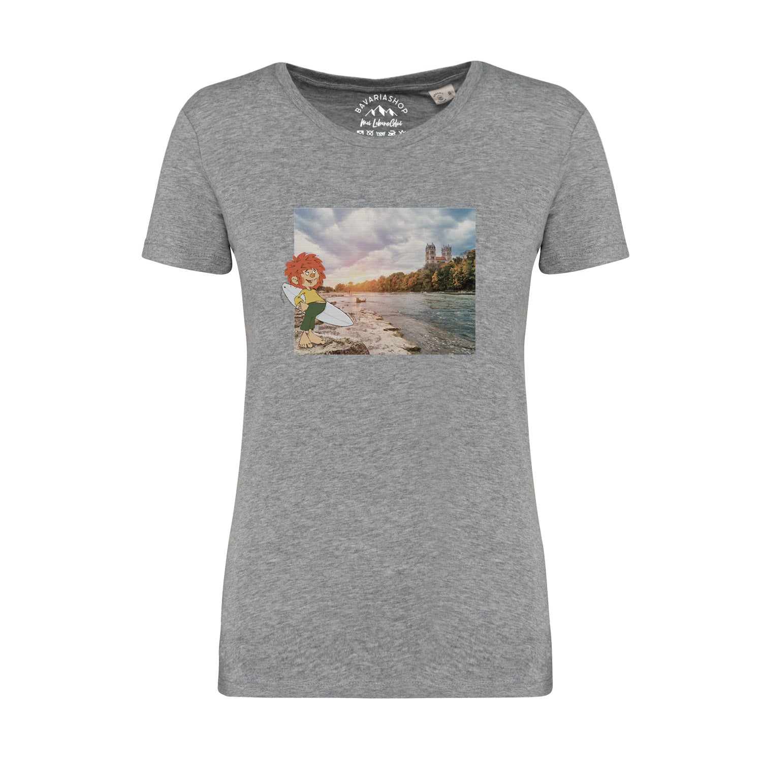 Damen-T-Shirt mit Pumuckl-Motiv in Retro-Optik, Rundhalsausschnitt, 100 % Bio-Baumwolle, grau meliert.