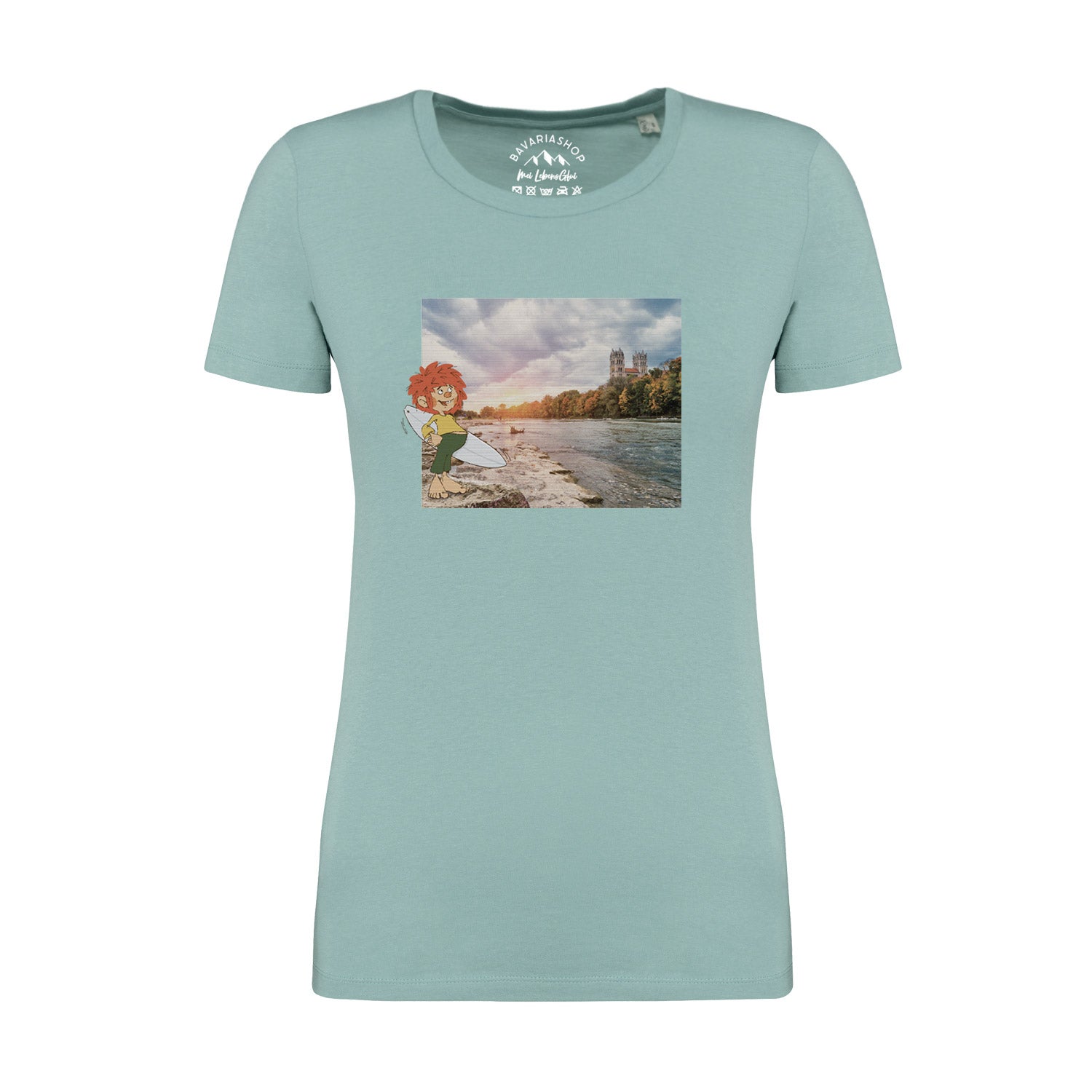Damen-T-Shirt mit Pumuckl-Surfer-Motiv in Retro-Optik aus 100 % Bio-Baumwolle, pastellgrün, 180 g/m².