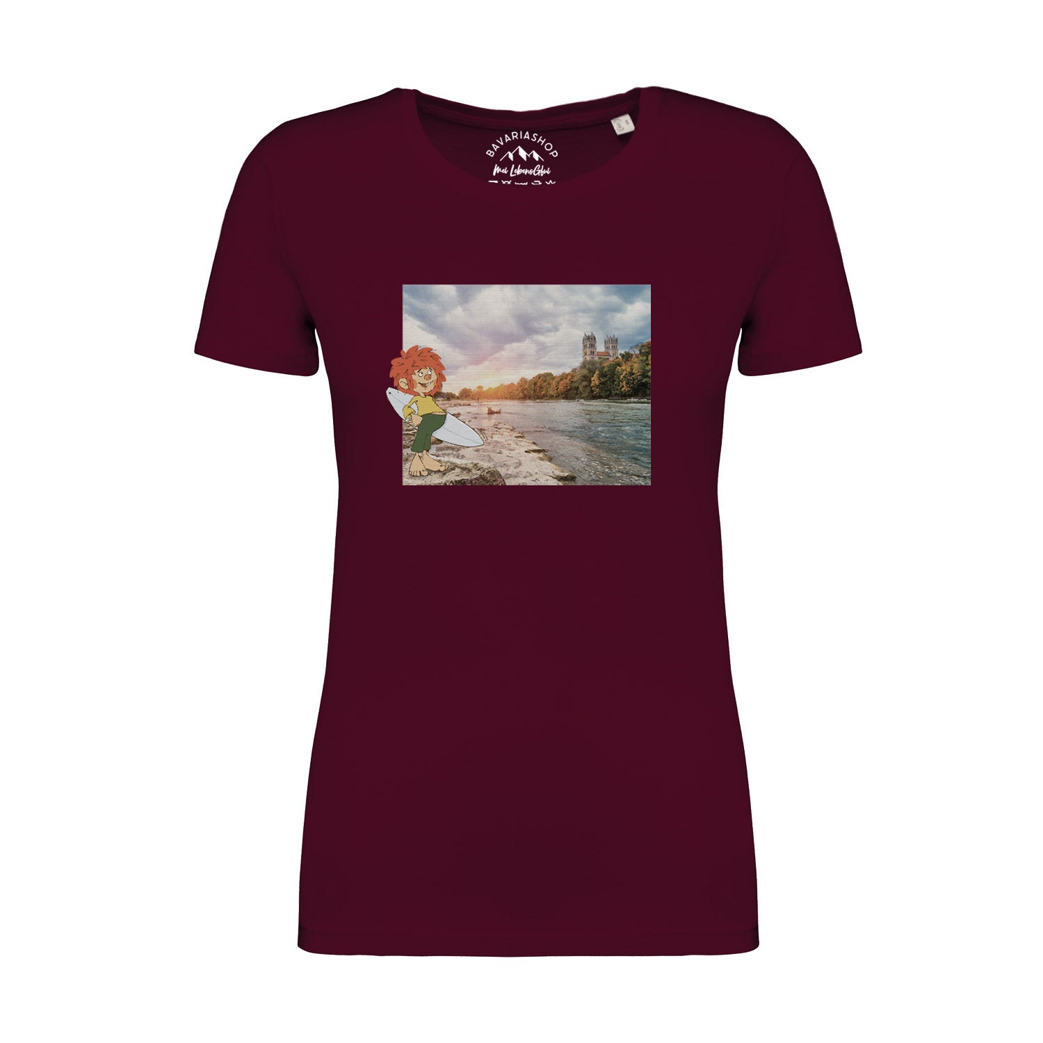 Damen T-Shirt mit Pumuckl-Motiv im Retro-Stil, Rundhalsausschnitt, aus 100 % Bio-Baumwolle, weinrot.