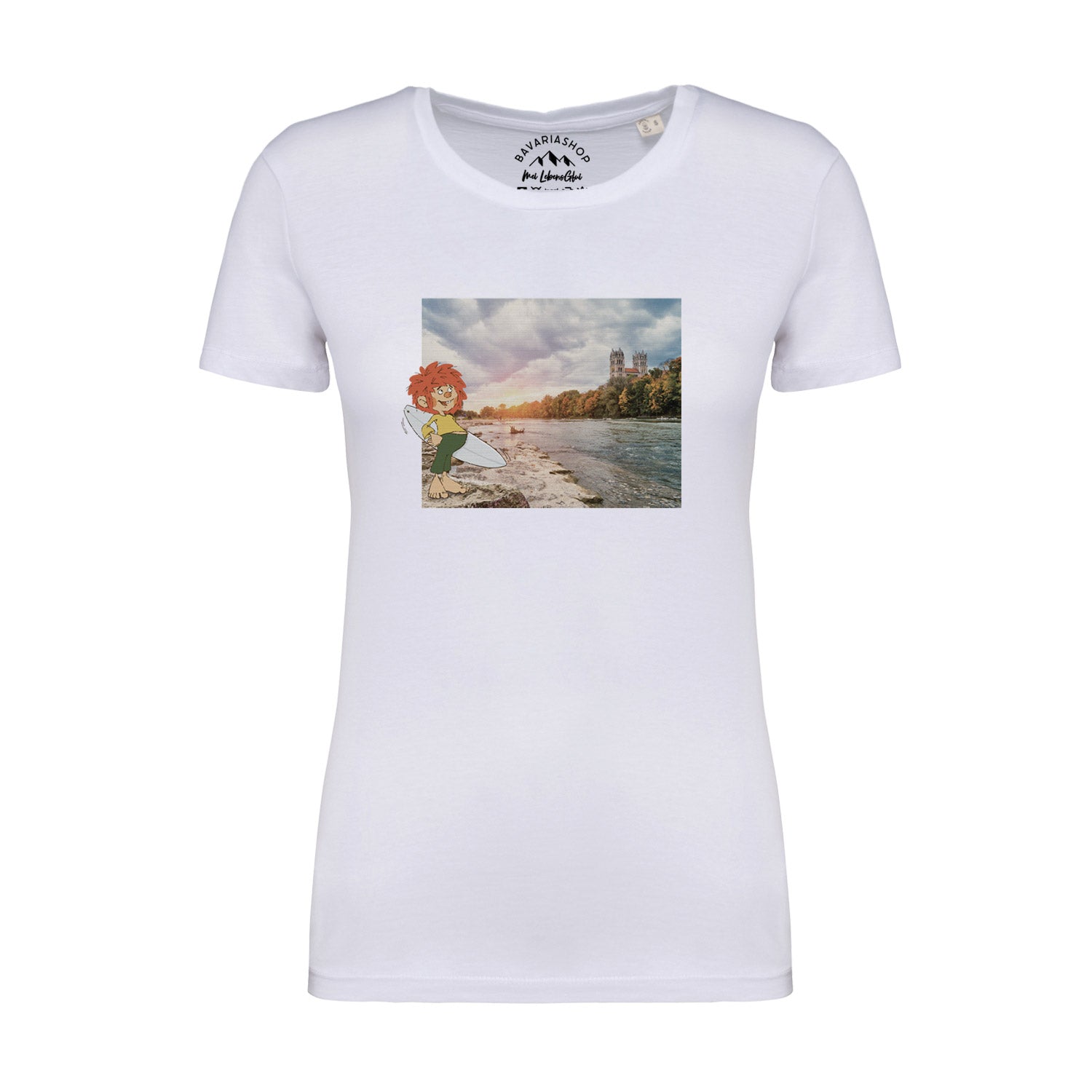 Damen-T-Shirt mit Pumuckl-Surfmotiv im Retro-Stil, aus 100 % Bio-Baumwolle, weiß, 180 g/m².