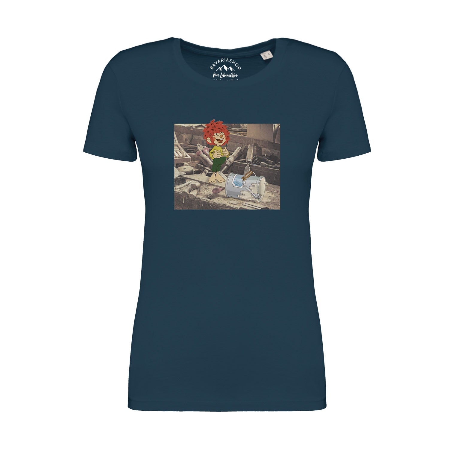 Damen T-Shirt mit Pumuckl-Motiv in Retro-Optik, kurzärmelig, aus 100 % Bio-Baumwolle, Pfauenblau, 180 g/m².