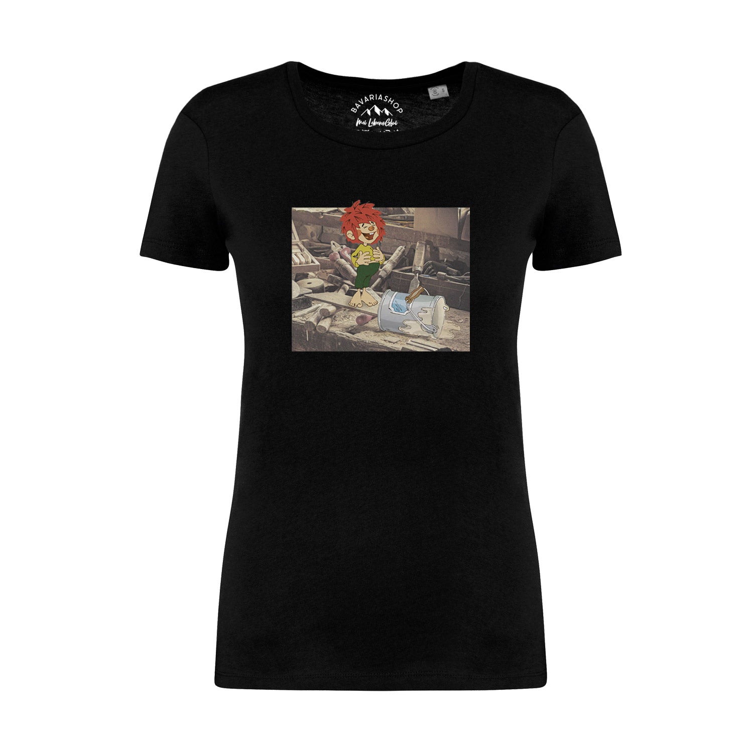 Schwarzes Damen-T-Shirt mit Retro-Pumuckl-Motiv und Schriftzug „Werkstatt“, aus 100 % Bio-Baumwolle, 180 g/m².