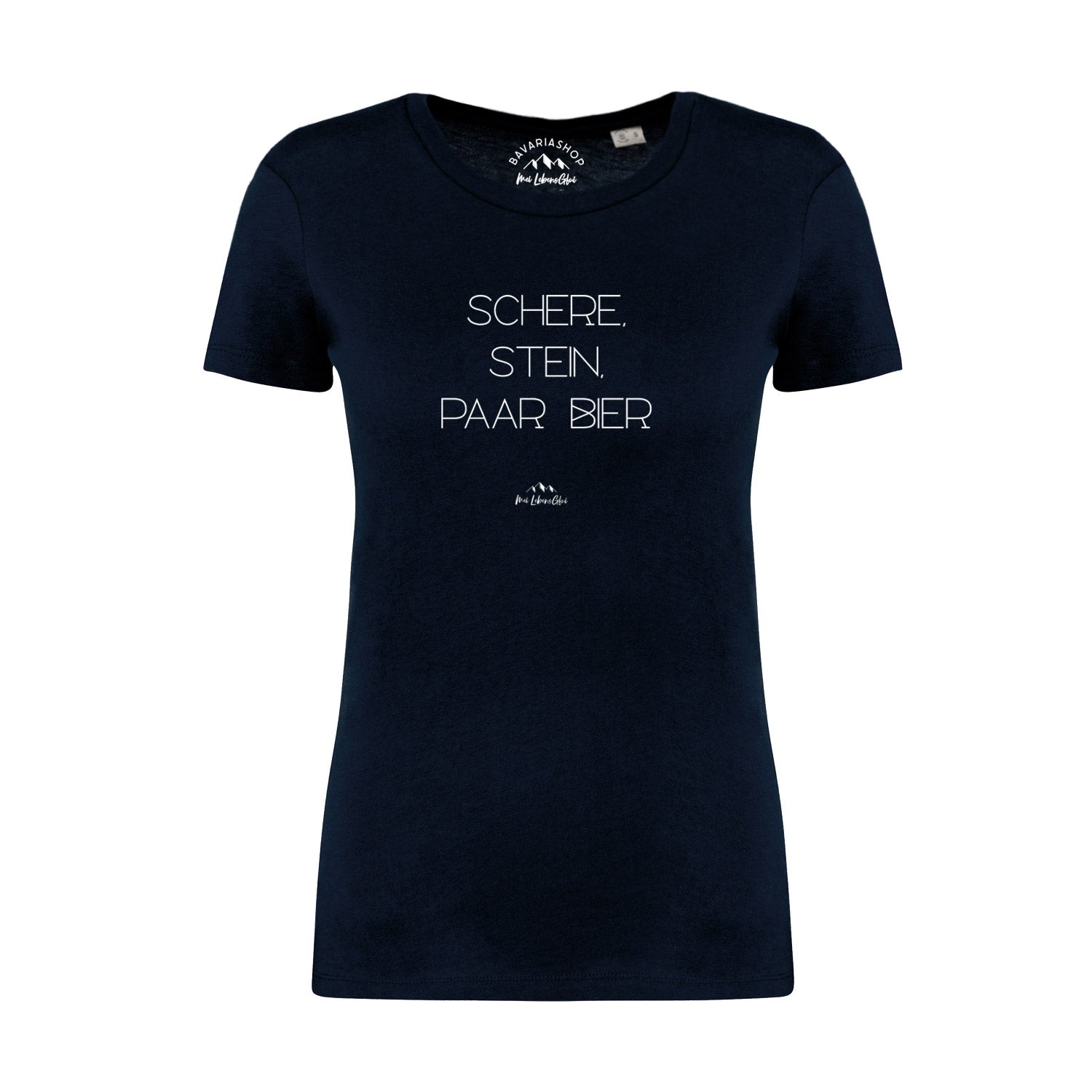 Damen T-Shirt mit Schriftzug „Schere, Stein, paar Bier“ und Motivdruck, aus 100 % Bio-Baumwolle, dunkelblau.