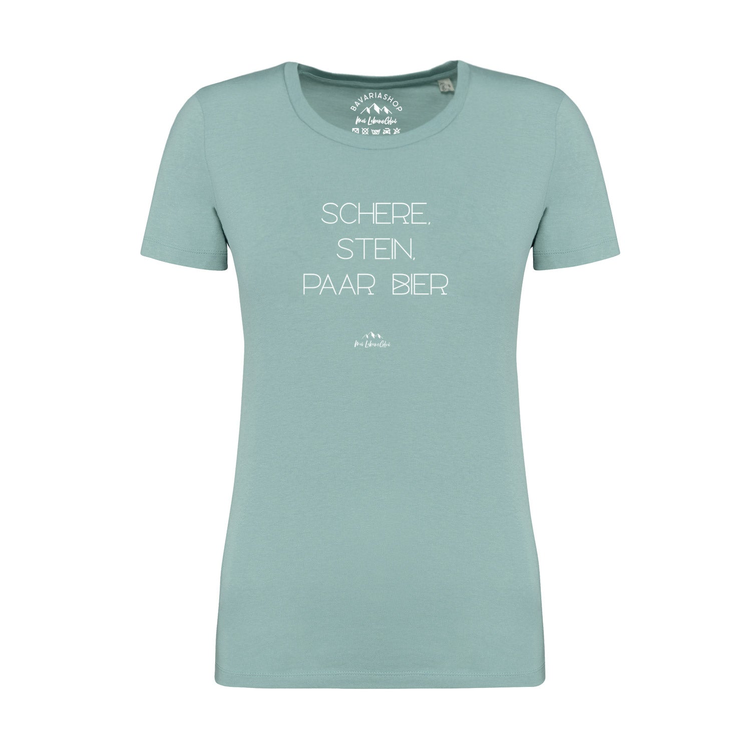 Damen T-Shirt mit Motiv „Schere, Stein, paar Bier“, kurzärmelig, pastellgrün, aus 100 % Bio-Baumwolle.