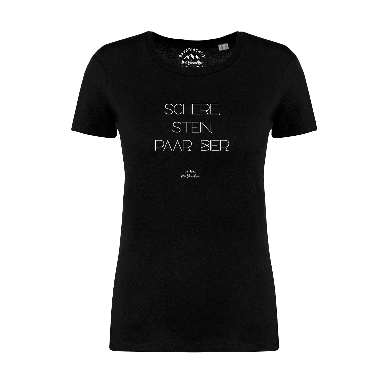 Damen T-Shirt mit Aufdruck „Schere, Stein, paar Bier“ in klares Design; gefertigt aus 100 % Bio-Baumwolle.