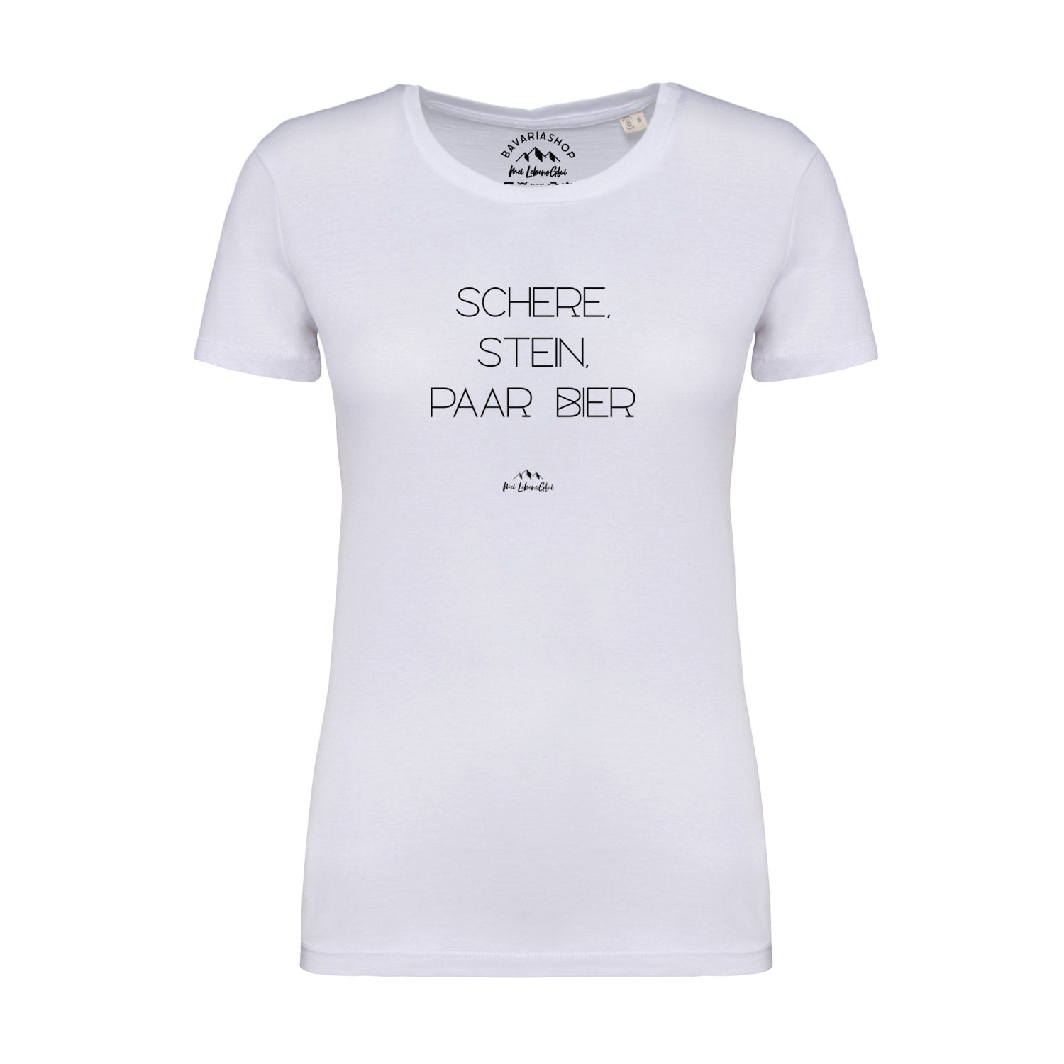 Damen T-Shirt mit Motiv „Schere, Stein, paar Bier“ und Herzgrafik, aus 100 % Bio-Baumwolle, digital bedruckt.