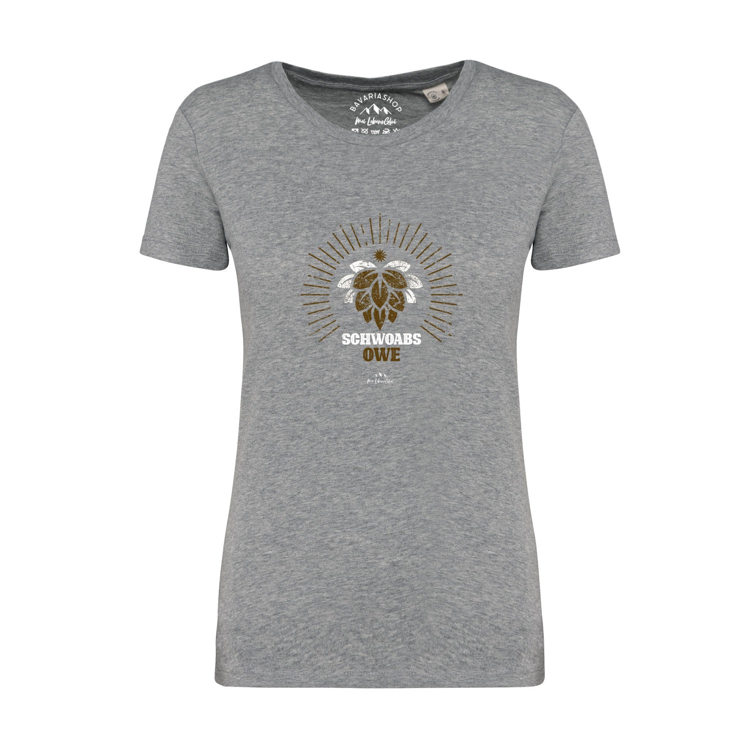 Graumeliertes Damen T-Shirt mit schwarzem Schriftzug „Schwoabs owe“, kurzärmelig, Rundhalsausschnitt, 100 % Bio-Baumwolle.