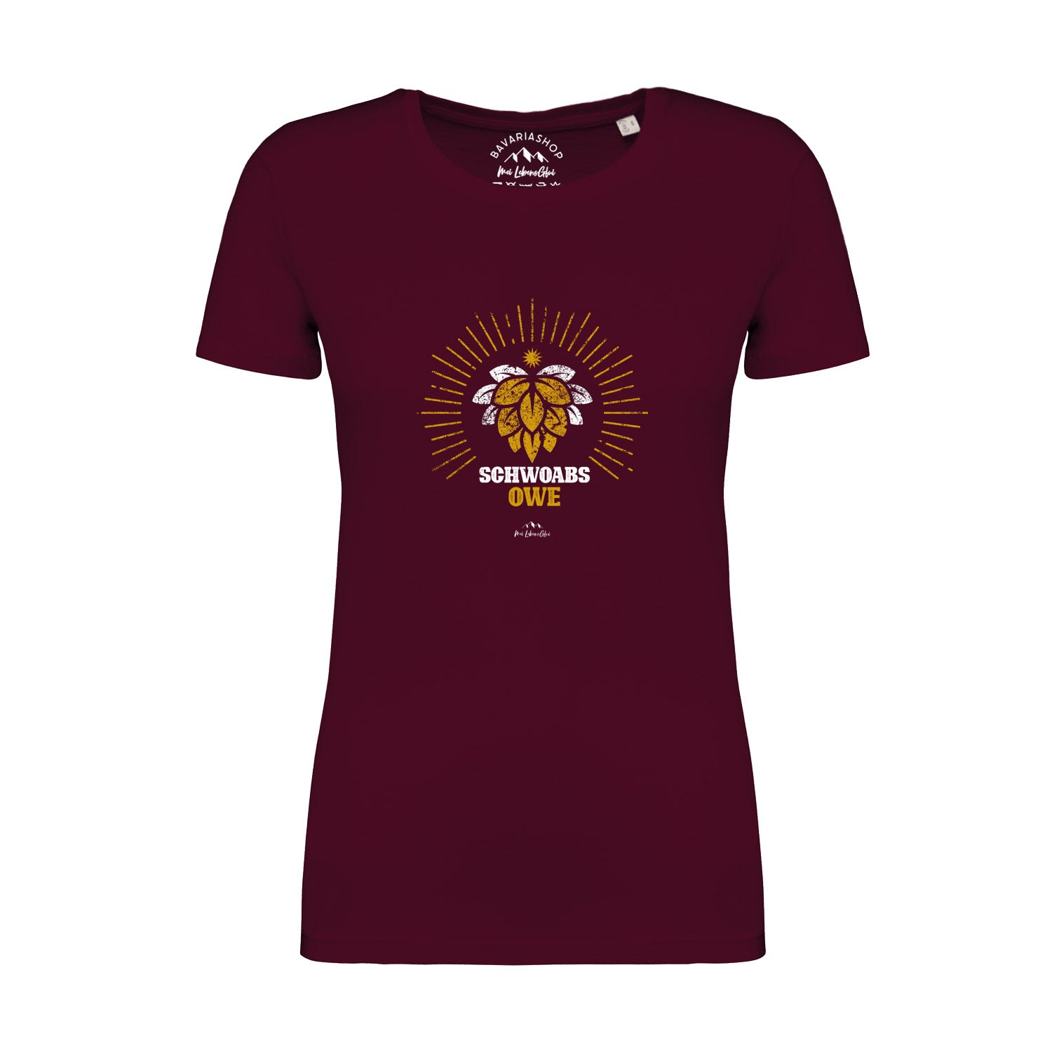 Weinrotes Damen-T-Shirt mit weißem Schriftzug „Schwoabs owe“, kurzärmelig, aus 100 % Bio-Baumwolle.