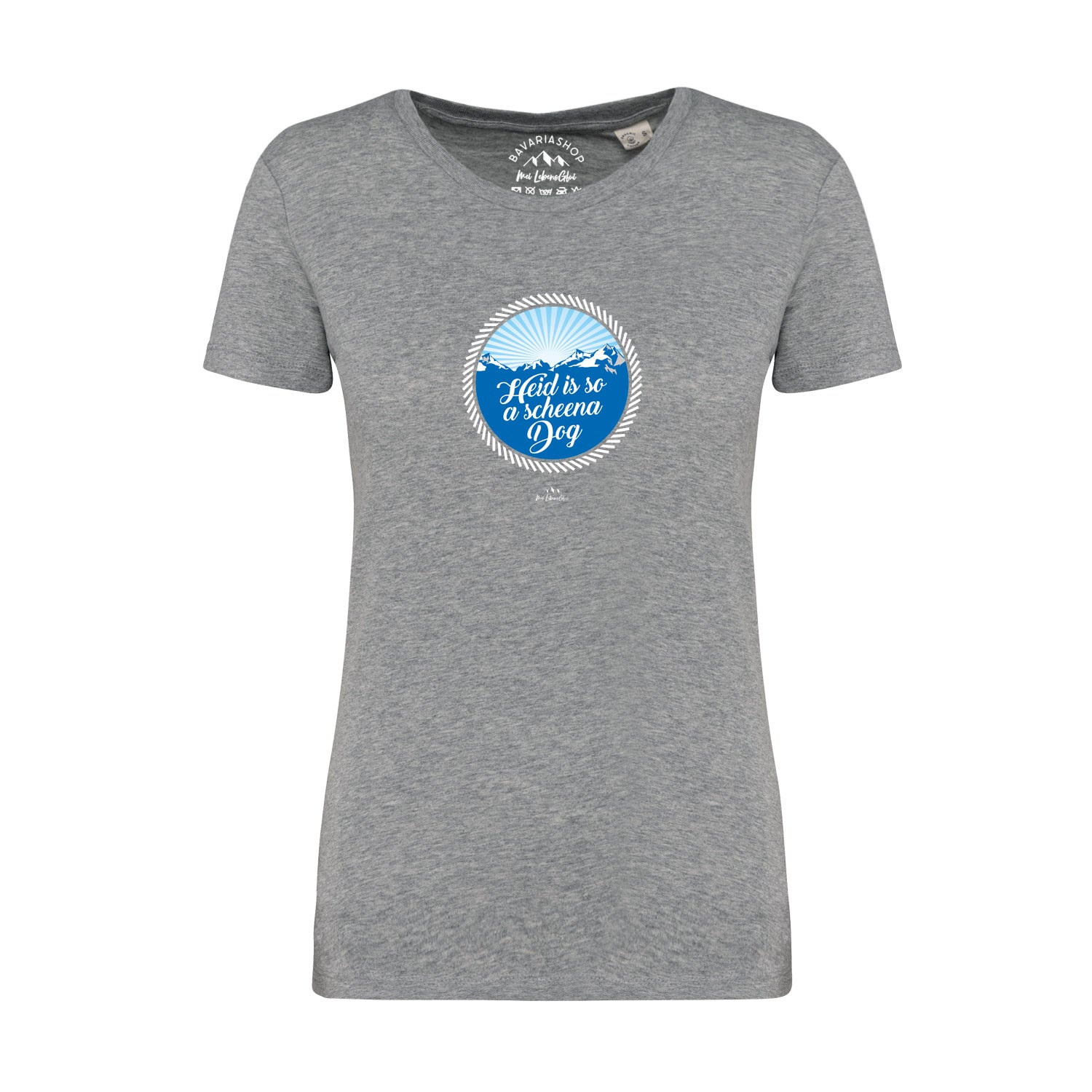 Graumeliertes Damen-T-Shirt mit Aufdruck "So a scheena Dog" in Weiß, aus 100 % Bio-Baumwolle.