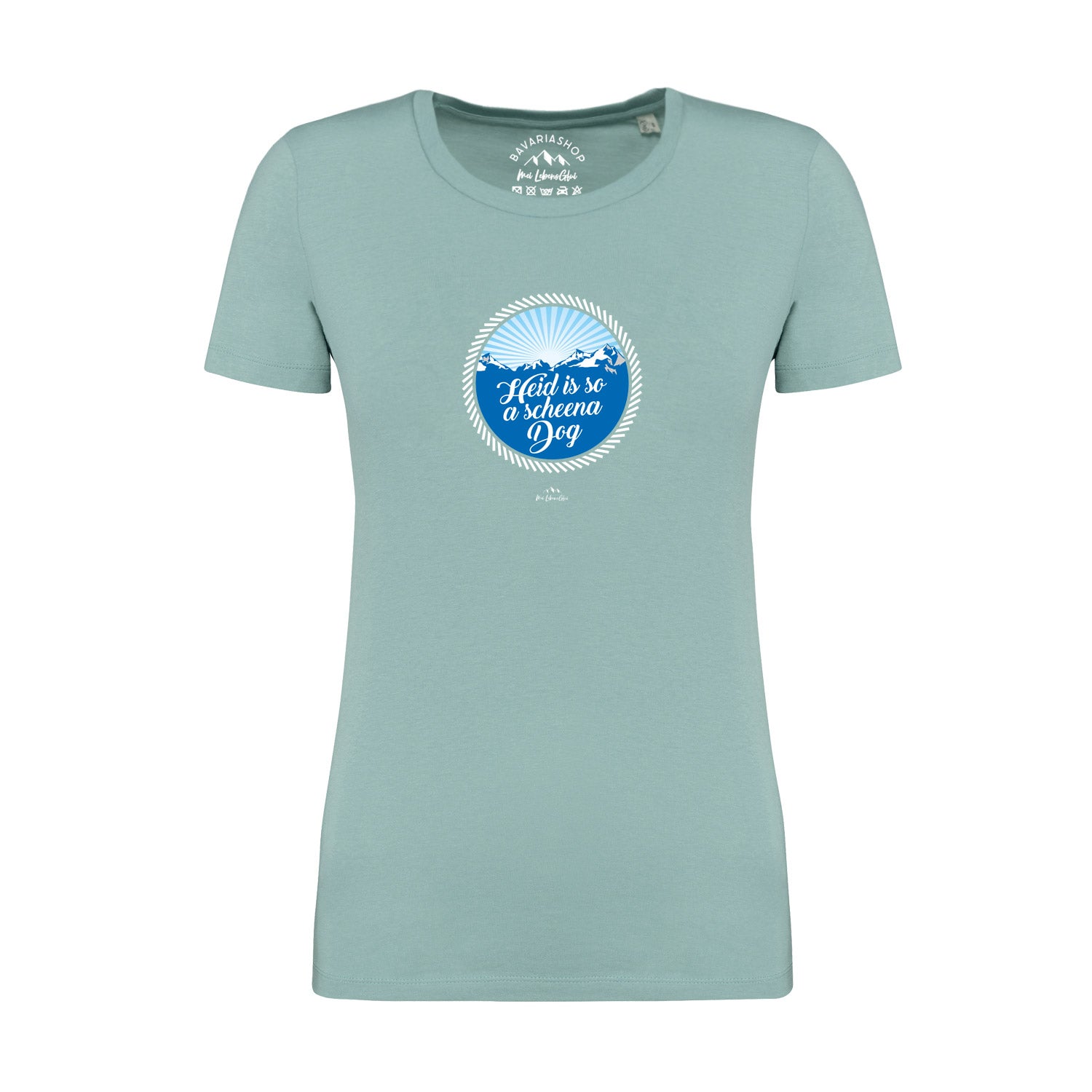 Pastellgrünes Damen T-Shirt mit Aufdruck „So a scheena Dog“ in Weiß, Rundhals, kurzarm, aus Bio-Baumwolle.