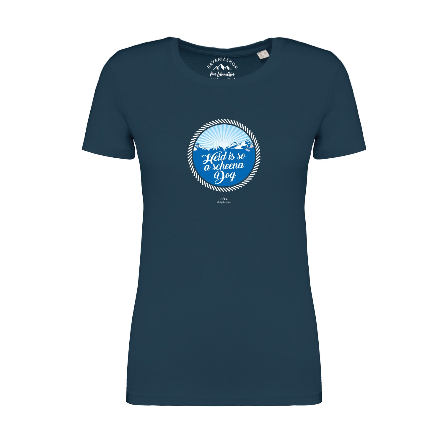 Damen T-Shirt in Pfauenblau mit weißem Schriftzug „So a scheena Dog“, aus 100 % Bio-Baumwolle, kurzärmelig.