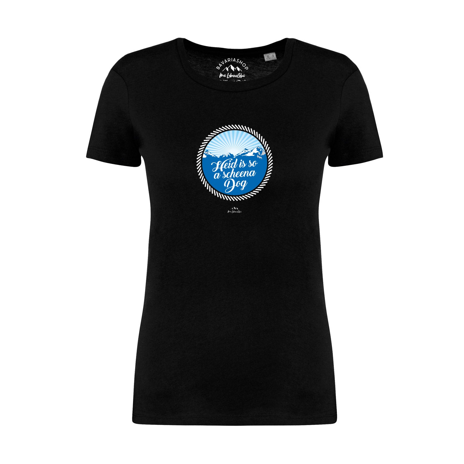 Schwarzes Damen-T-Shirt mit bayerischem Schriftzug „So a scheena Dog“, aus 100 % Bio-Baumwolle, gerade geschnitten.