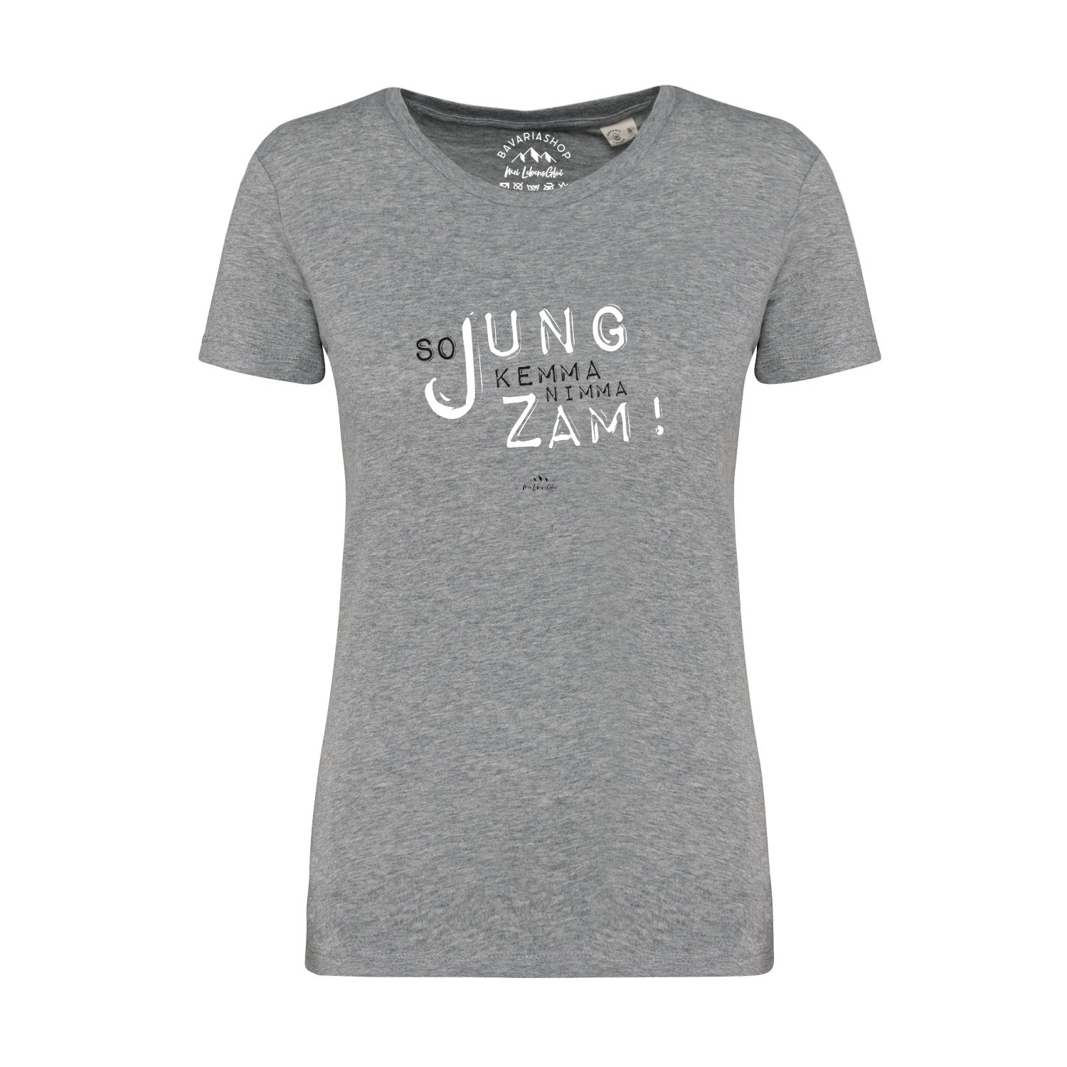 Graumeliertes Damen-T-Shirt mit bayerischem Schriftzug „So jung kemma nimma zamm“, kurzarm, aus 100 % Bio-Baumwolle.