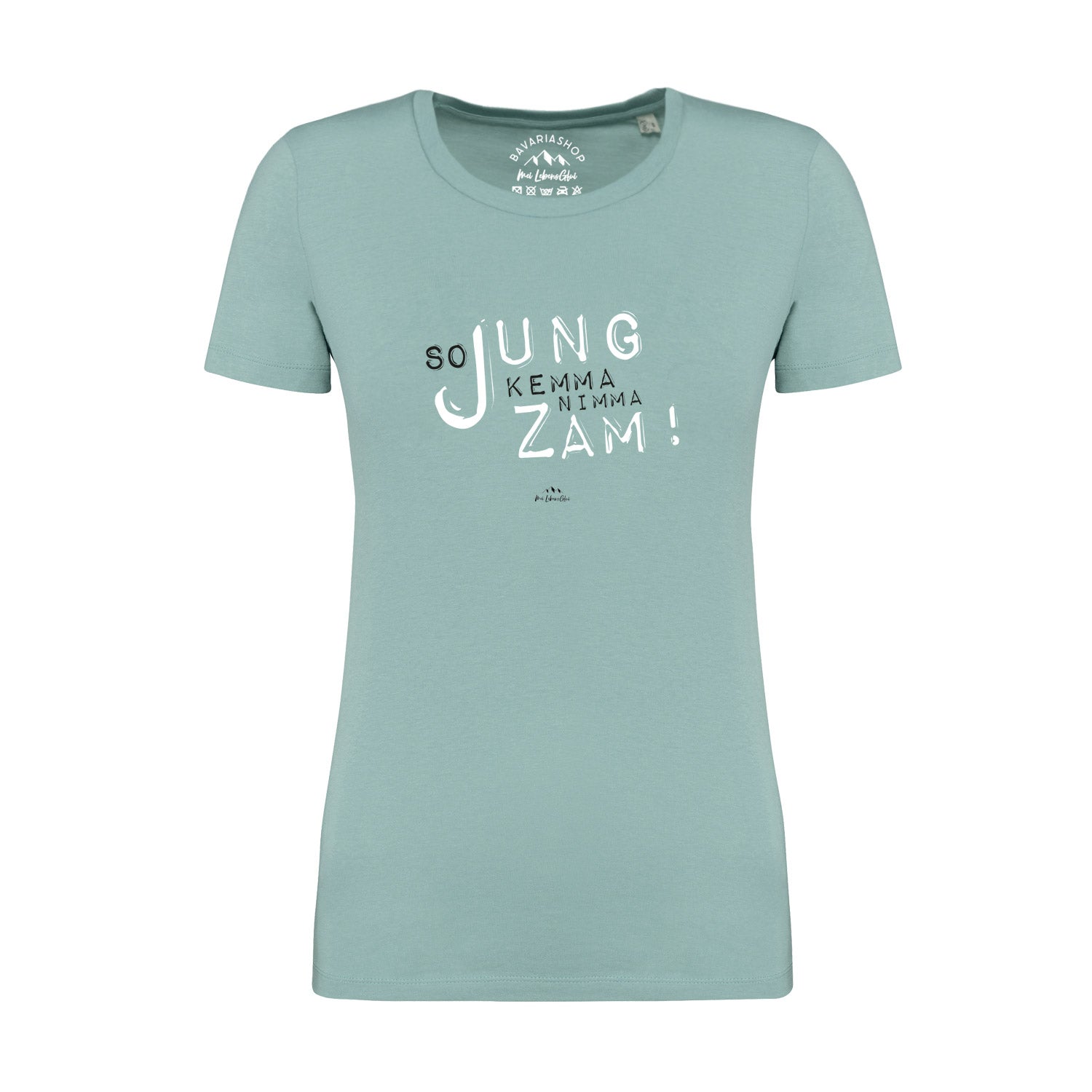 Pastellgrünes Damen-T-Shirt mit weißem Schriftzug „So jung“ in geschwungener Schrift, aus 100 % Bio-Baumwolle.