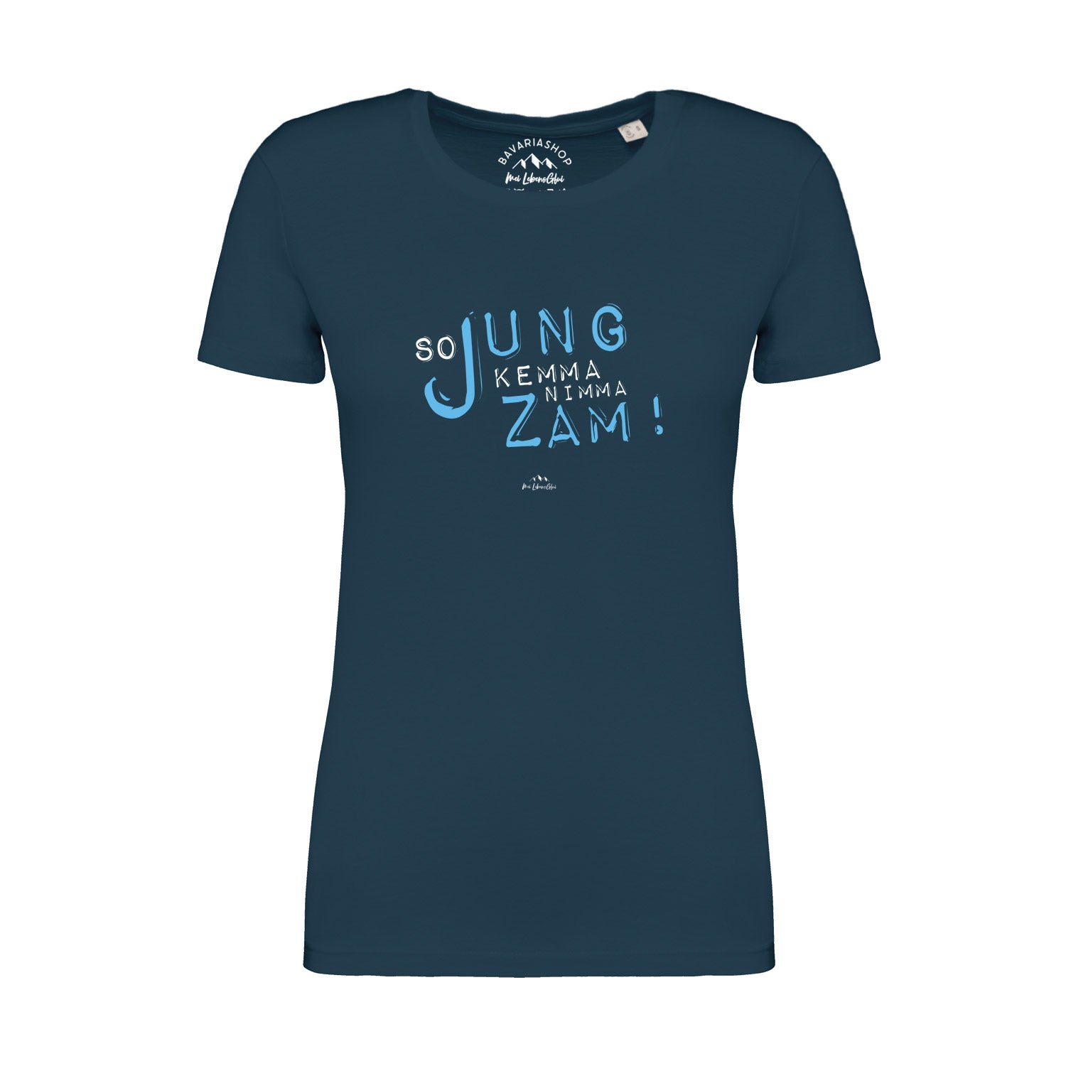 Pfauenblaues Damen-T-Shirt mit weißem Schriftzug „So jung“ in Handschriftoptik, aus 100 % Bio-Baumwolle.