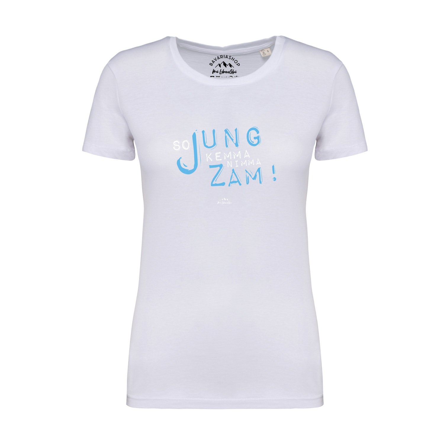 Weißes Damen-T-Shirt mit schwarzem Aufdruck „So jung kemma nimma zamm“, Rundhalsausschnitt, aus 100 % Bio-Baumwolle.