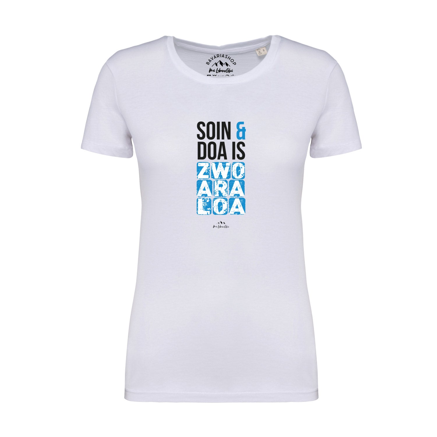 Weißes Damen-T-Shirt mit schwarzem Schriftzug „soin und doa“, kurzärmelig, Rundhalsausschnitt, 100 % Bio-Baumwolle.