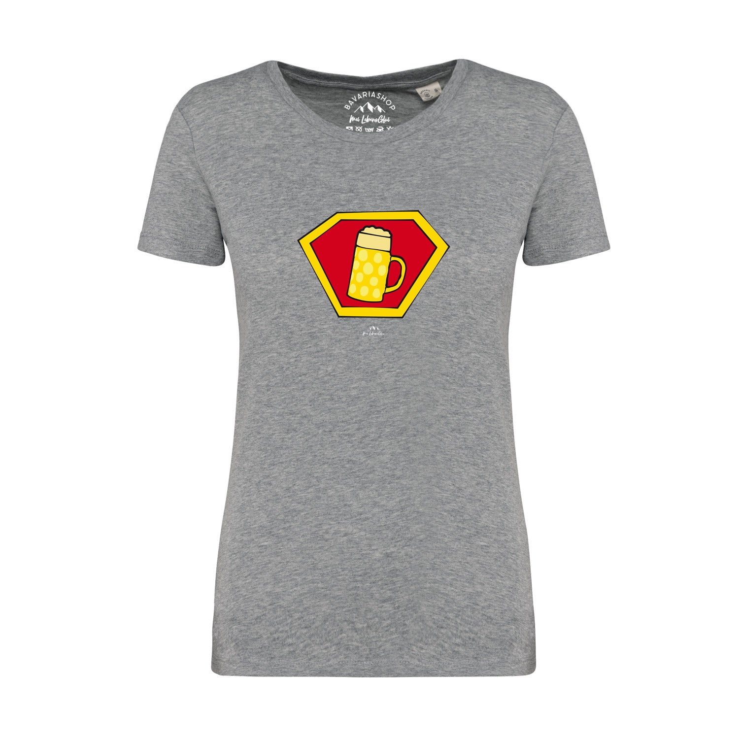 Graumeliertes Damen-T-Shirt aus Bio-Baumwolle mit weißem Superhelden-Bierkrug-Motiv und bayerischem Schriftzug.