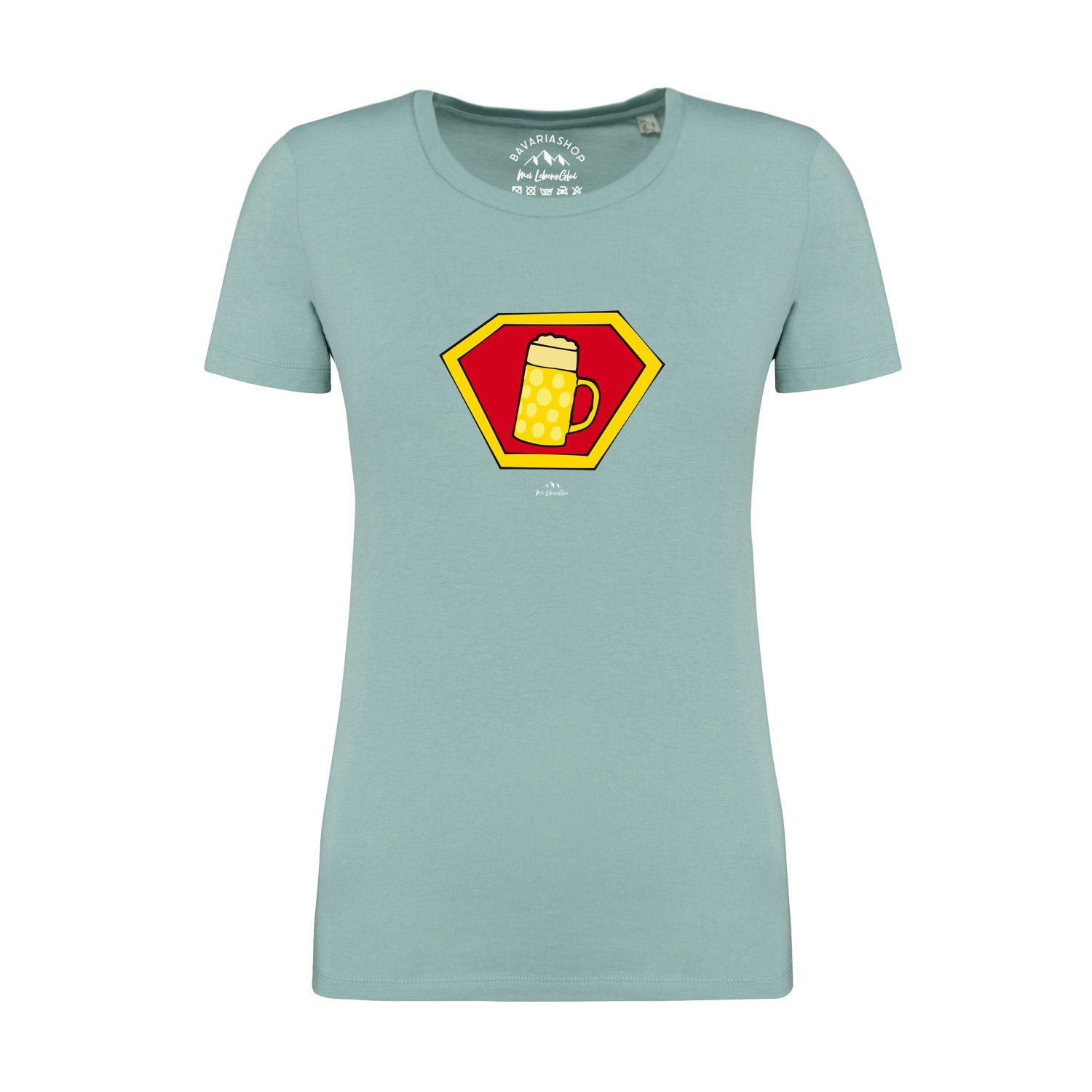 Pastellgrünes Damen T-Shirt mit schwarzem Bierkrug-Motiv und bayerischem „Super“-Schriftzug, aus 100 % Bio-Baumwolle.