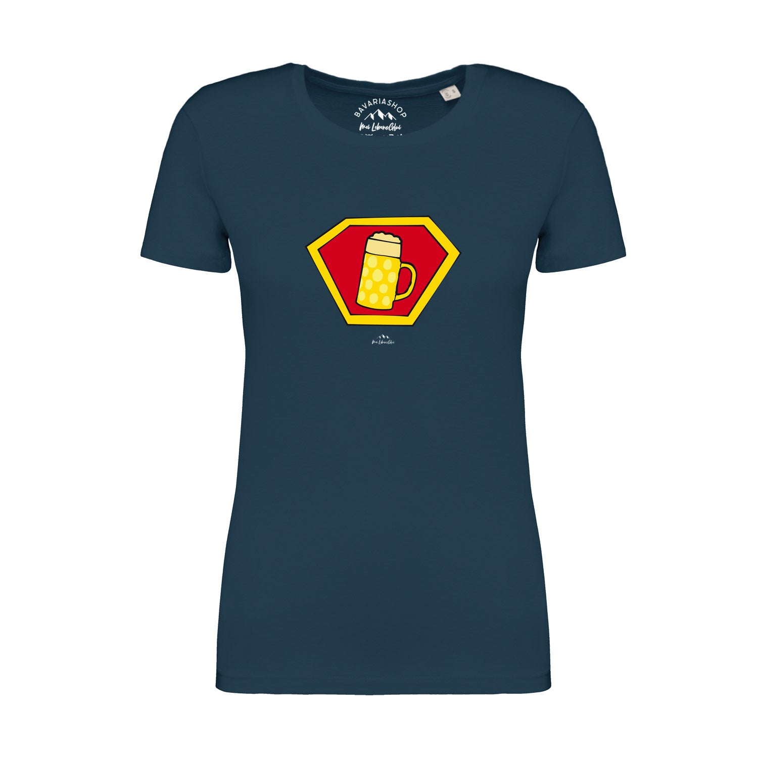 Pfauenblaues Damen T-Shirt aus Bio-Baumwolle mit weißem Super-Bierkrug-Motiv und bayerischem Schriftzug.