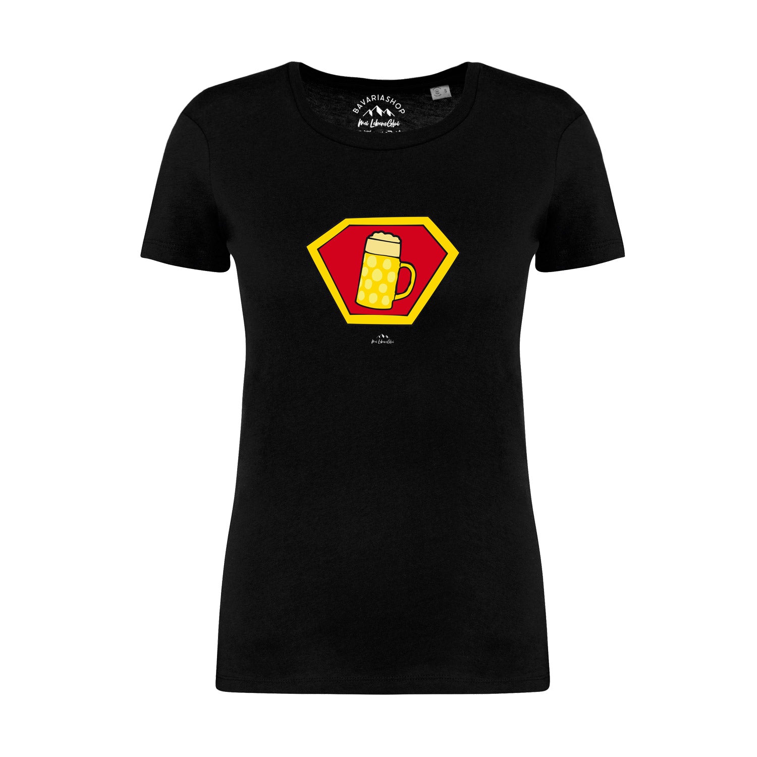 Schwarzes Damen-T-Shirt mit buntem Superhelden-Bierkrug-Motiv und weißem Schriftzug „Super-Bierkrug“, aus Bio-Baumwolle.
