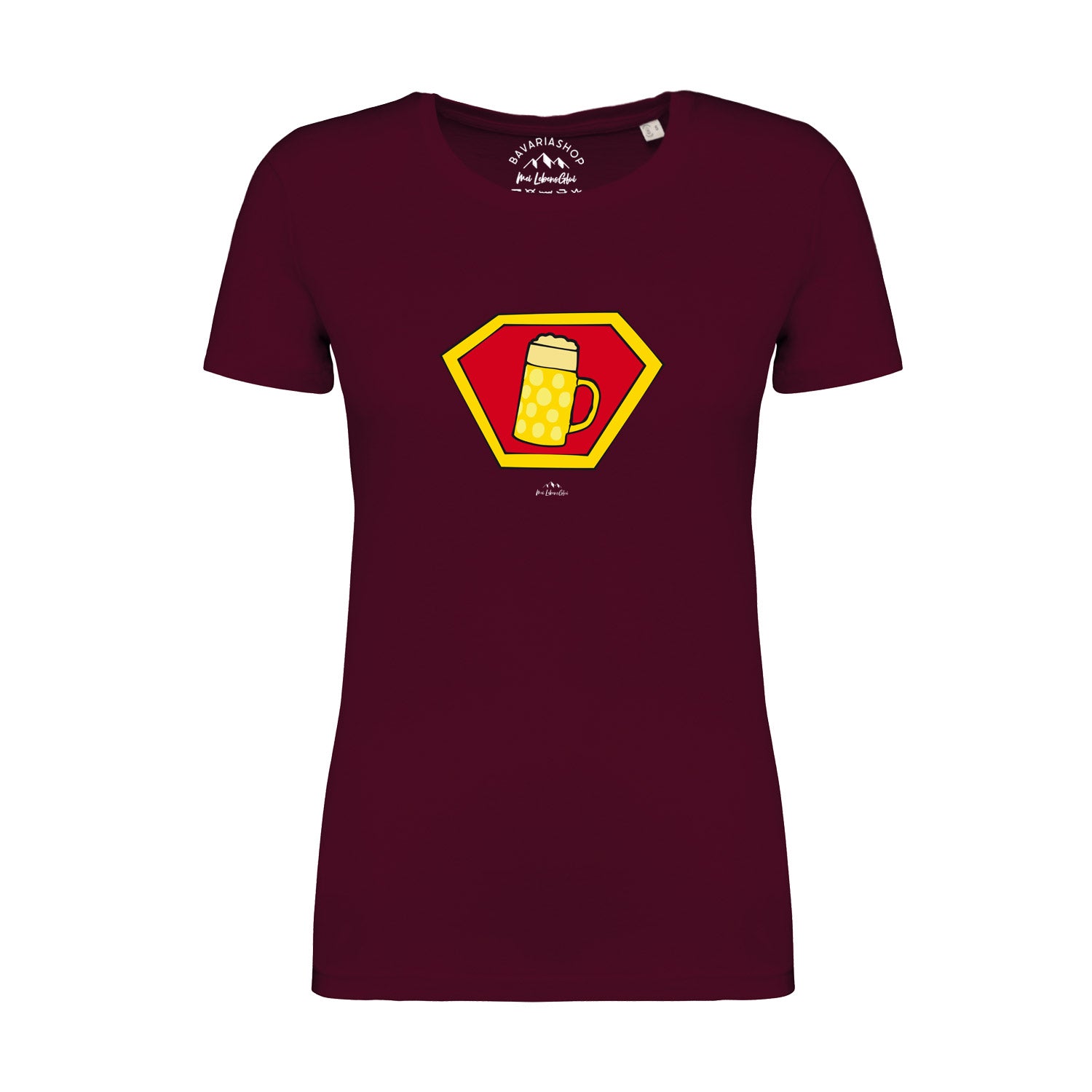 Weinrotes Damen T-Shirt mit weißem „Super-Bierkrug“-Schriftzug und Krug-Motiv, aus 100 % Bio-Baumwolle.