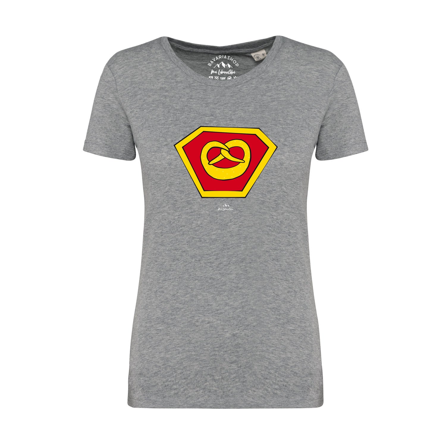 Graumeliertes Damen-T-Shirt mit weißem „Super-Brezn“-Schriftzug und Brezn-Motiv, aus 100 % Bio-Baumwolle.