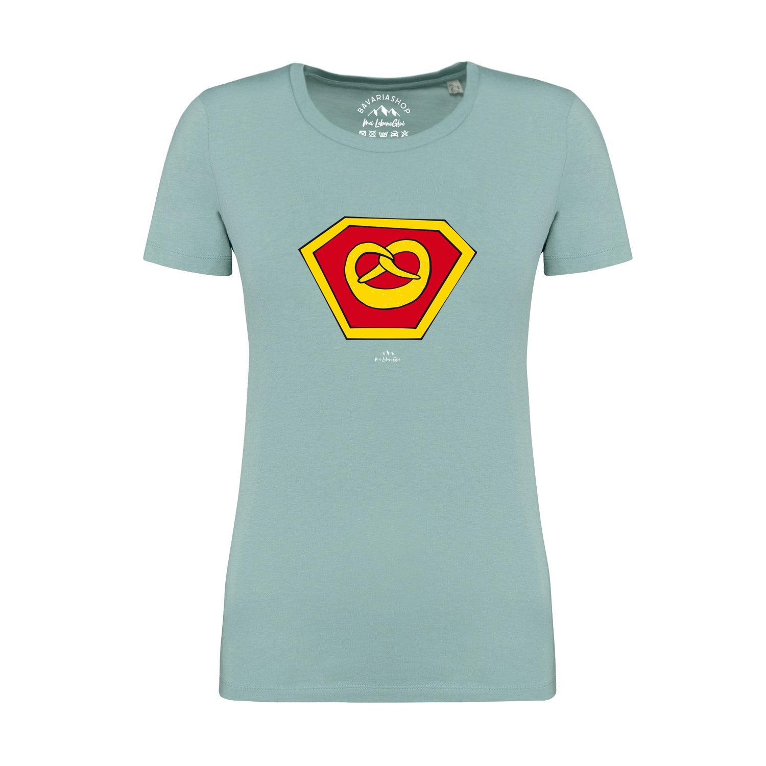Pastellgrünes Damen-T-Shirt mit Super-Brezn-Motiv und weißem Schriftzug, aus 100 % Bio-Baumwolle.