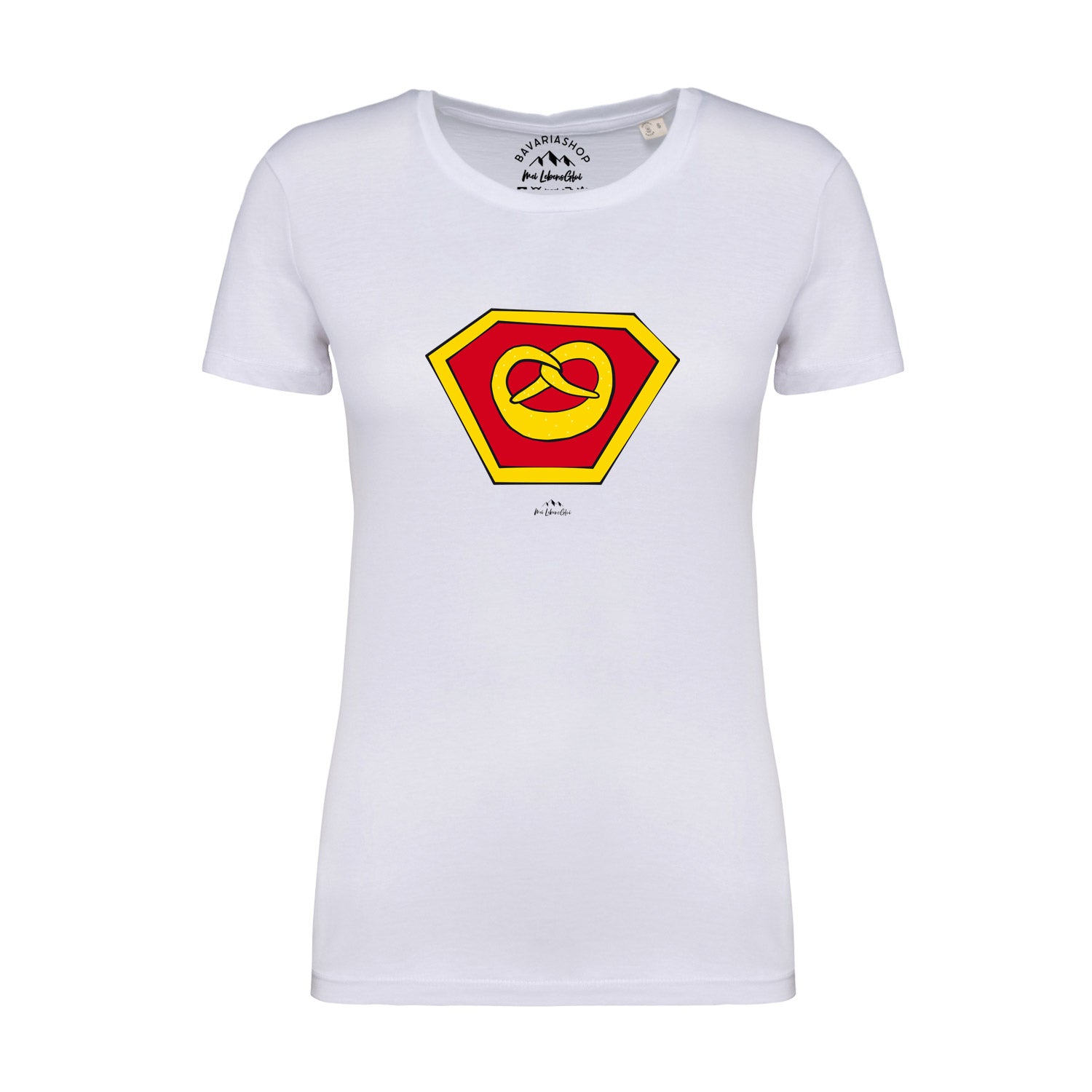 Weißes Damen-T-Shirt mit Super-Brezn-Motiv und Schriftzug, kurzärmelig, aus 100 % Bio-Baumwolle.