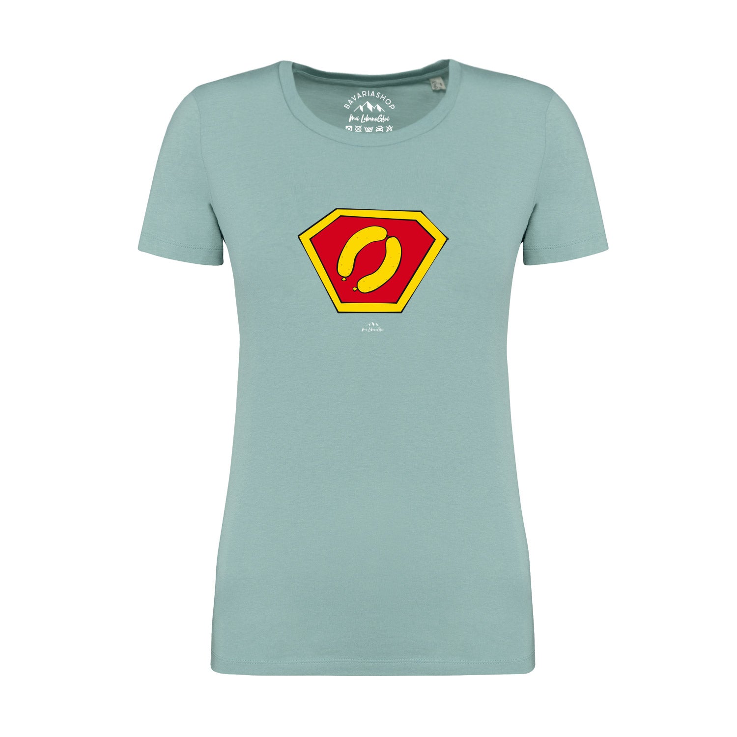 Pastellgrünes Damen-T-Shirt mit weißem „Super-Weißwurscht“-Schriftzug, Rundhals, aus 100 % Bio-Baumwolle.